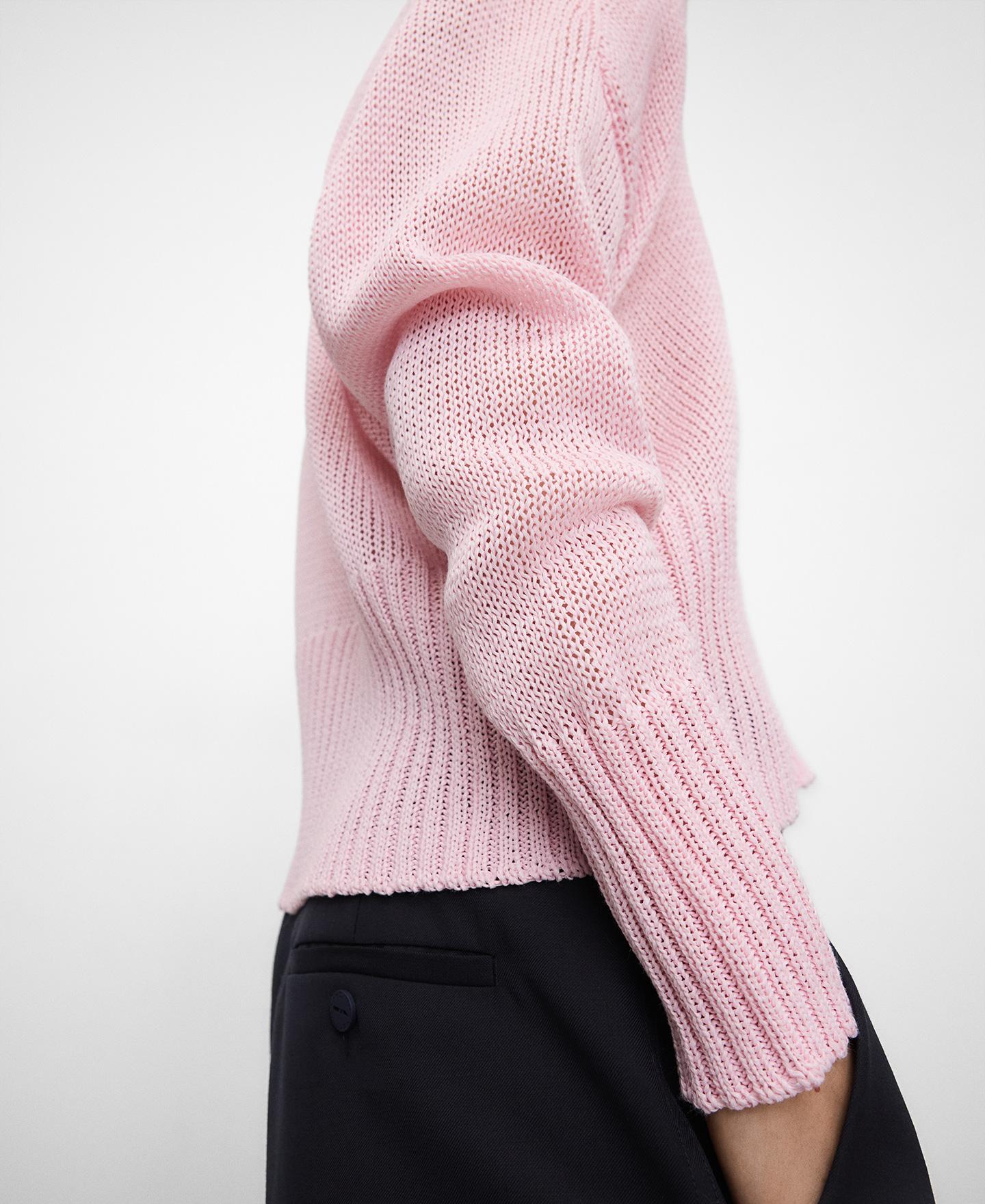 Camisola Curta de Malha com Gola em V Rosa-claro-4