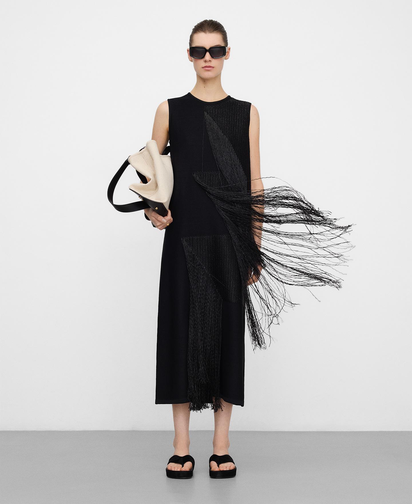 Vestido Midi de Malha Intarsia com Franjas Preto-2