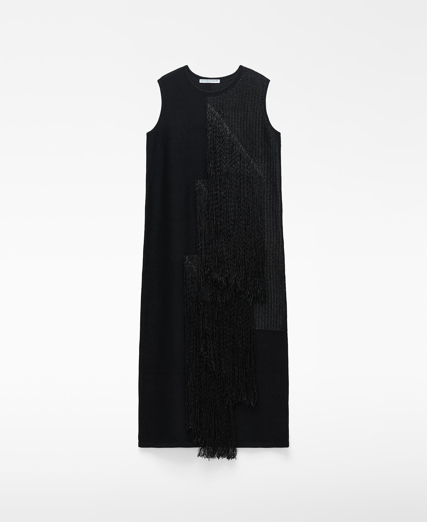 Vestido Midi de Malha Intarsia com Franjas Preto-5