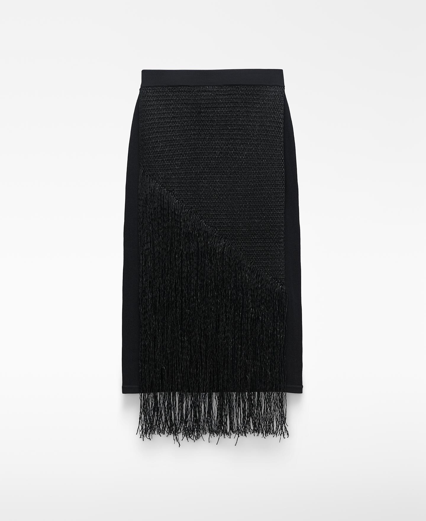 Saia Midi com Corte a Direito e Aplique Ráfia Preto-5