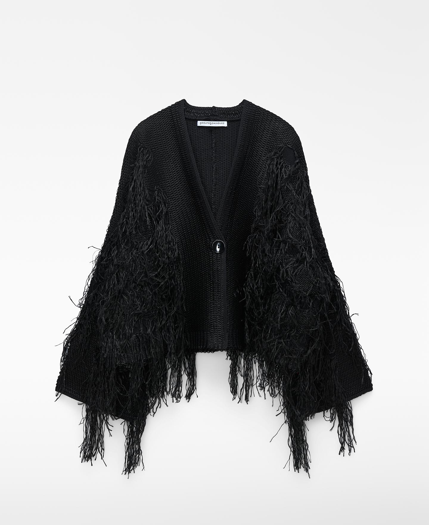 Cardigan Curto com Franjas Preto-5