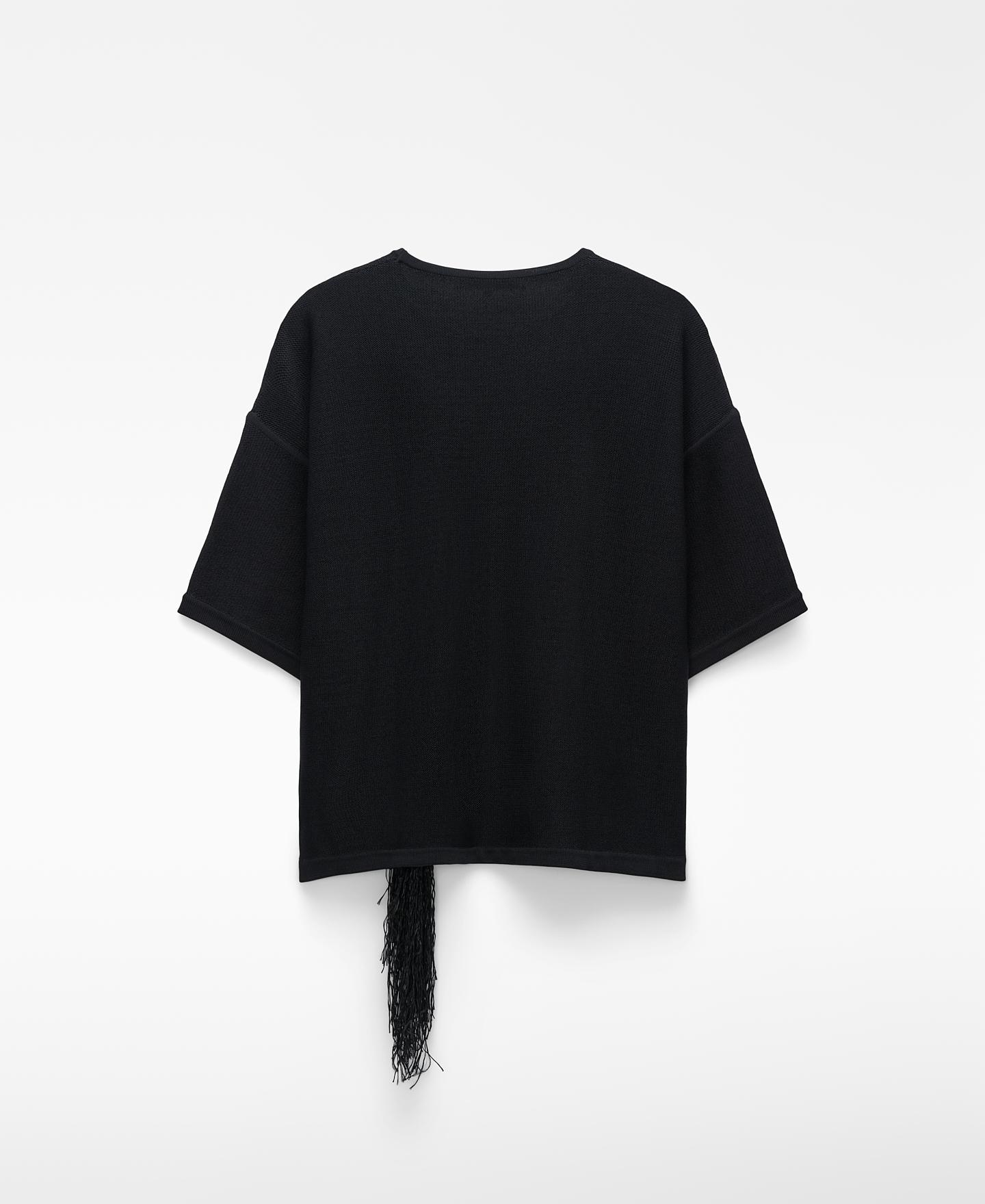Camisola de Manga Curta com Aplique de Ráfia Preto-6
