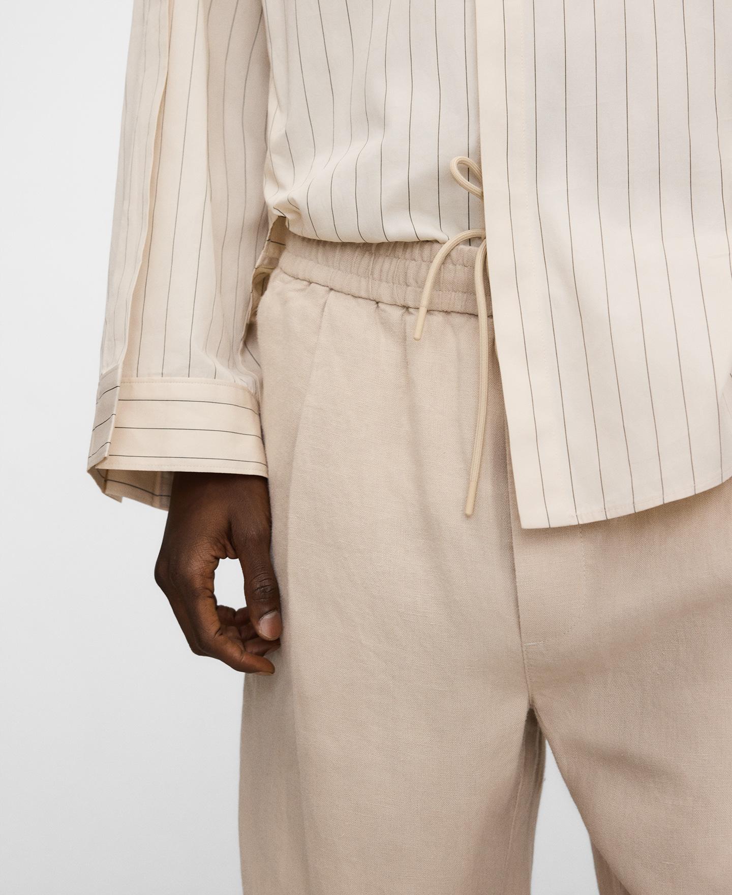 Calças Joggers em Linho Europeu Bege-4