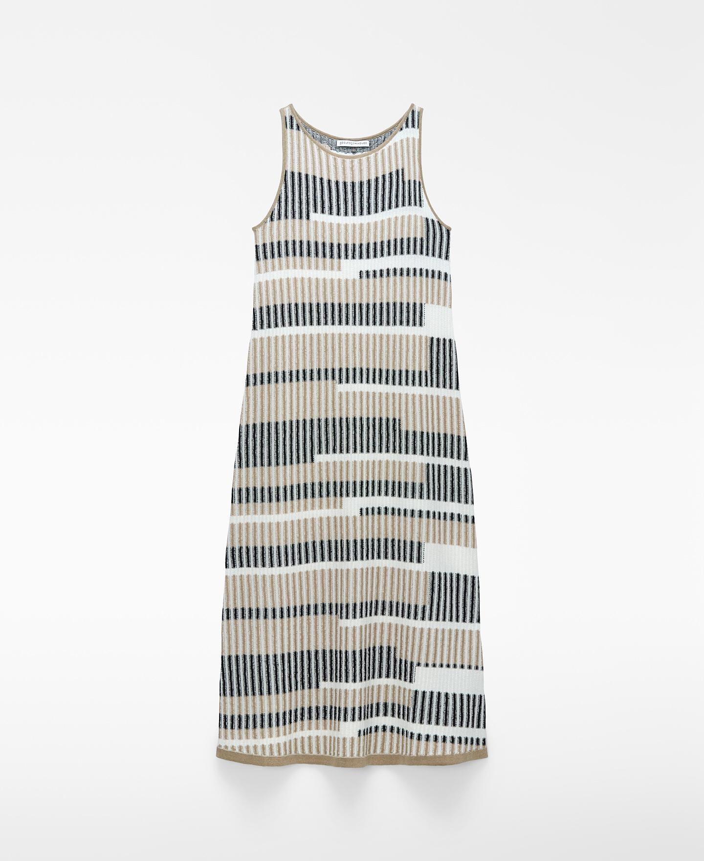 Vestido Comprido de Malha com Jacquard Às Riscas Creme-4