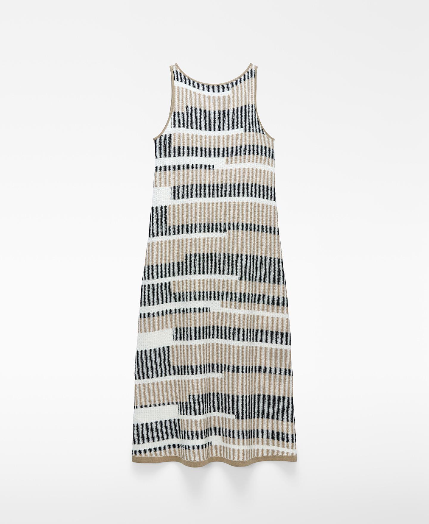 Vestido Comprido de Malha com Jacquard Às Riscas Creme-5