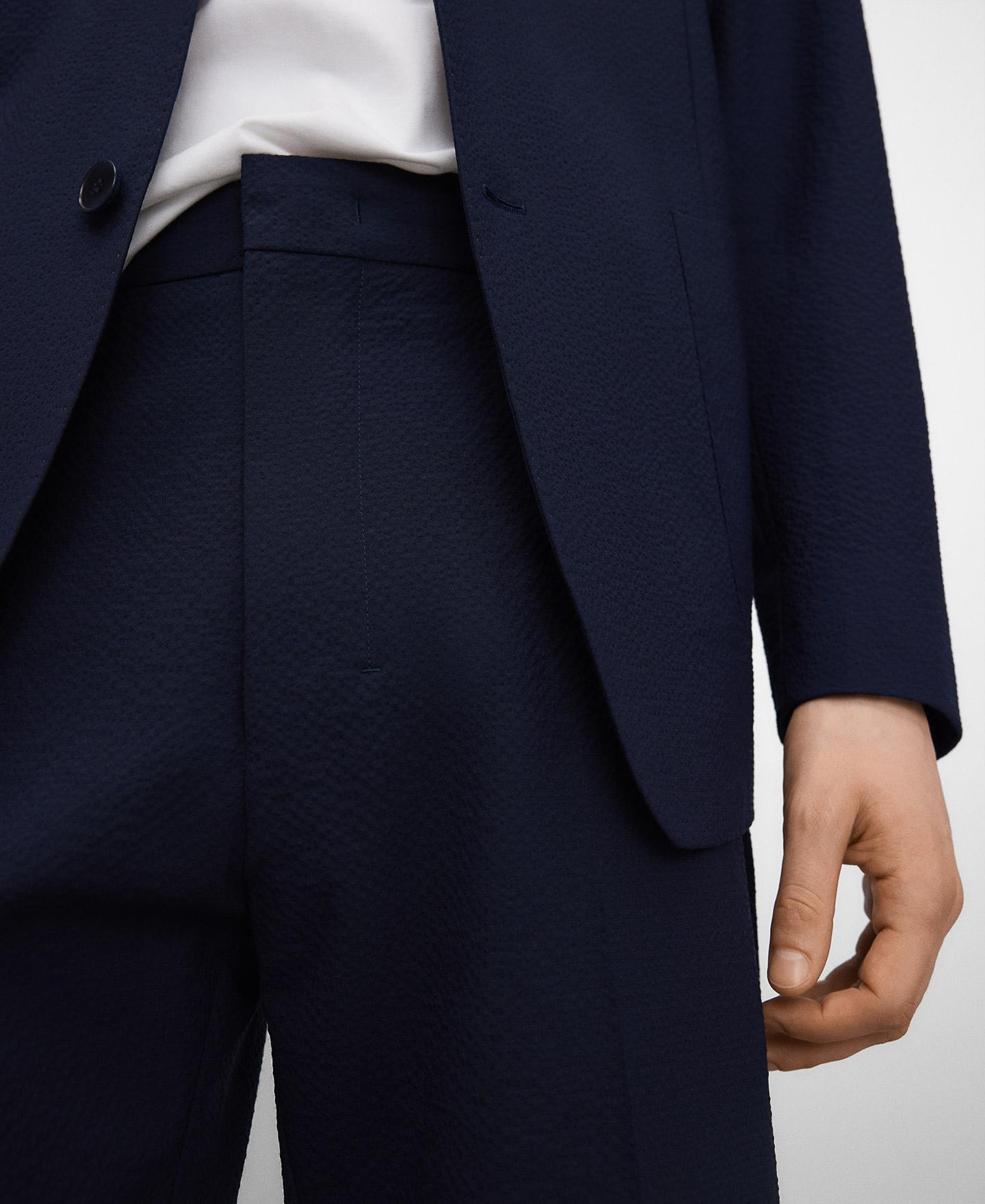 Calças Formais Slim Fit em Tecido Seersucker Azul-marinho-4