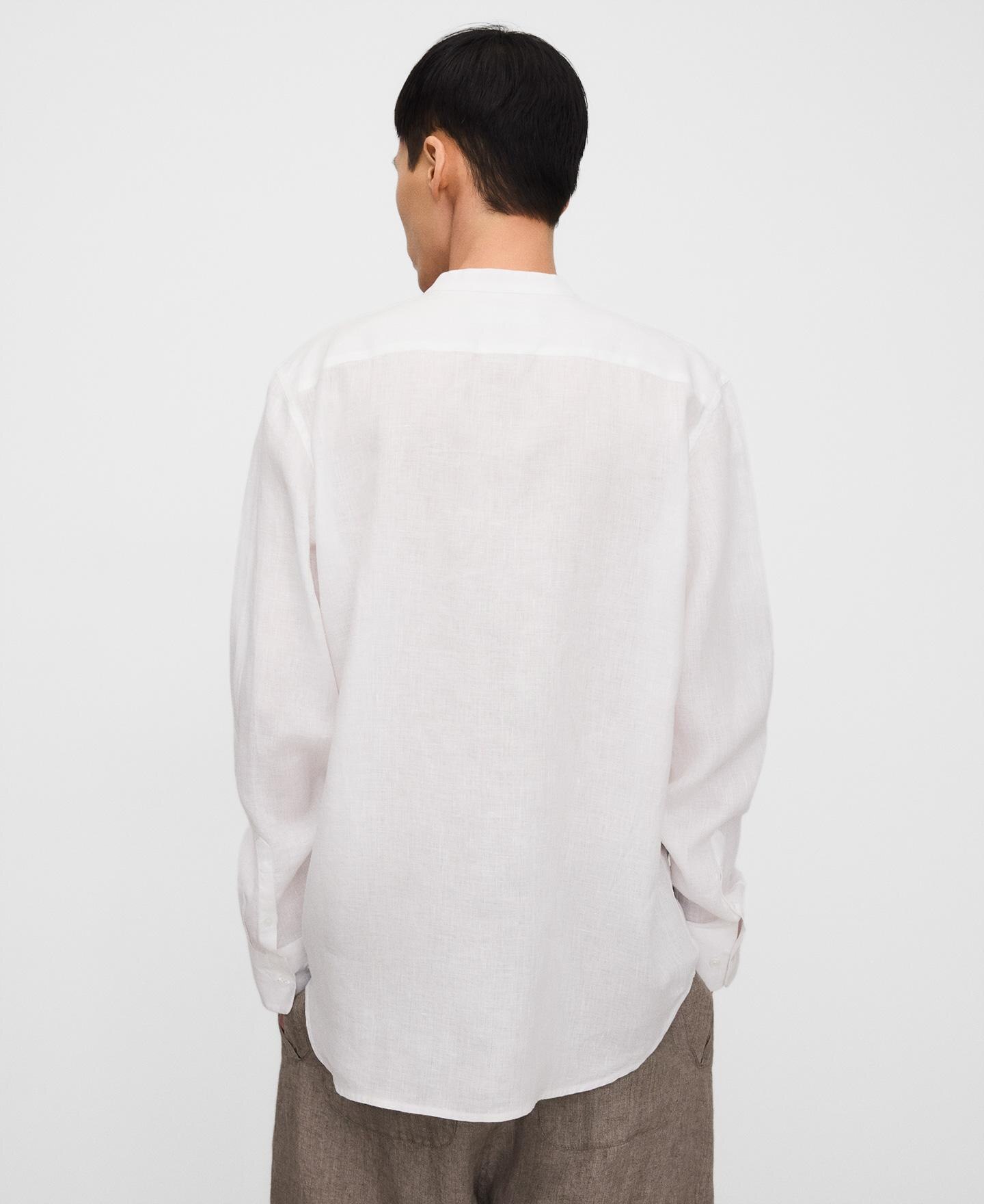 Camisa de Gola à Padre Regular Fit de Linho Branco-3