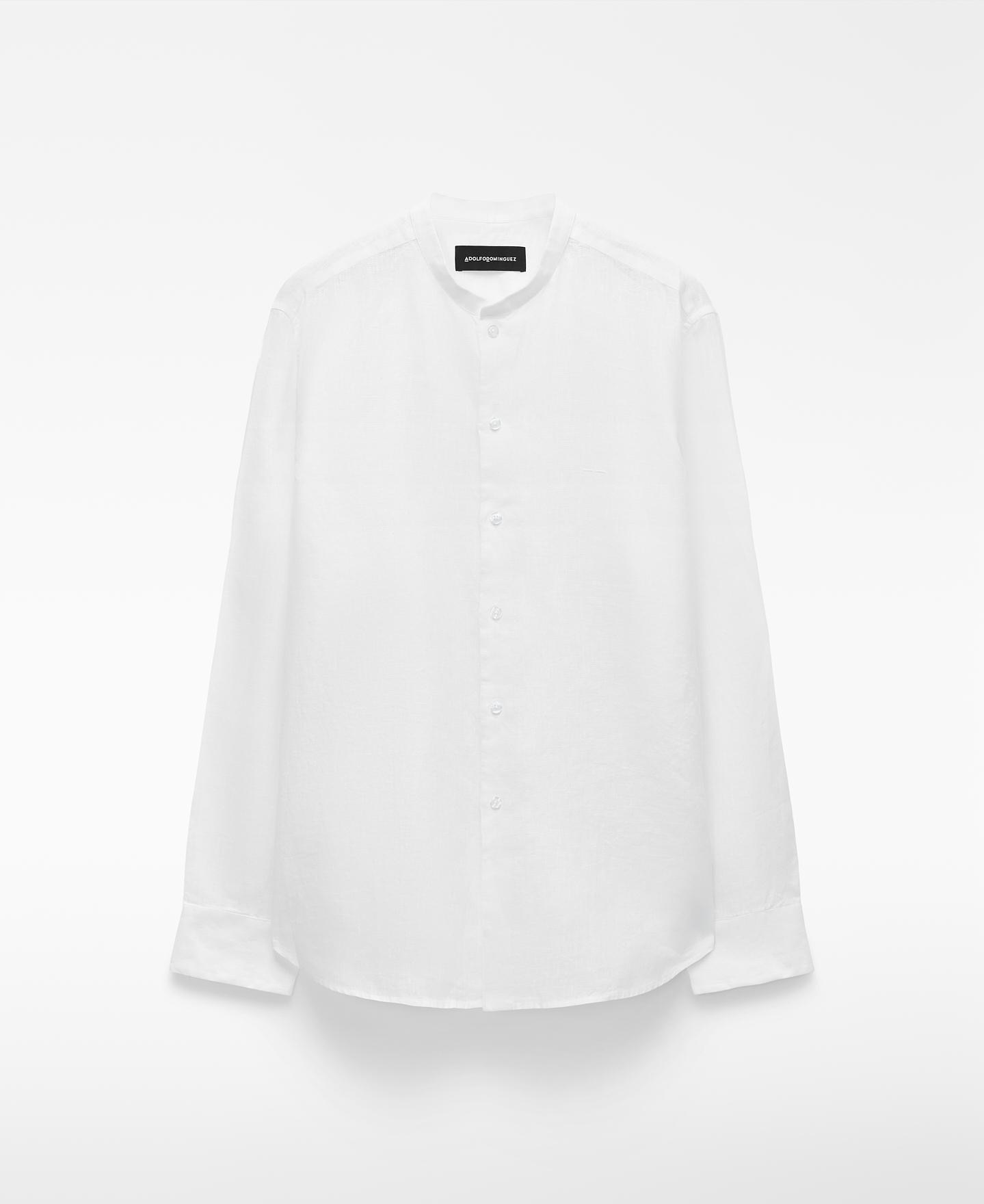Camisa de Gola à Padre Regular Fit de Linho Branco-5