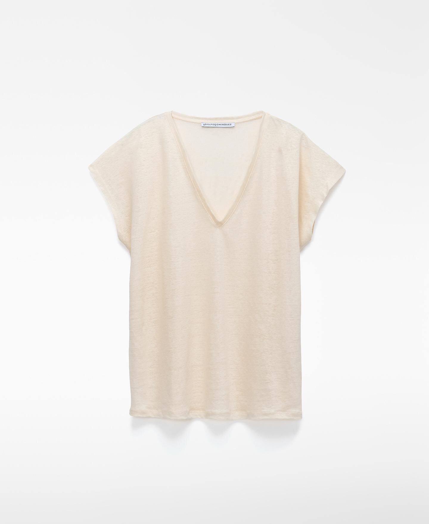 T-shirt de Gola em V em Linho Europeu Cru-5