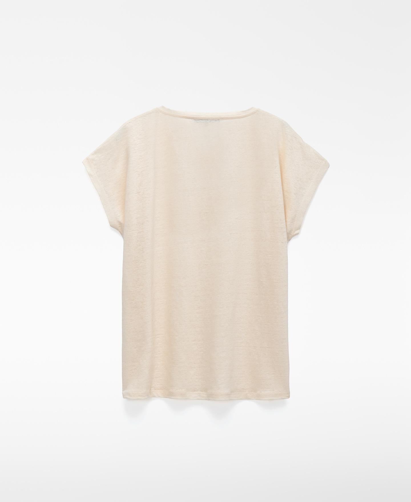 T-shirt de Gola em V em Linho Europeu Cru-6