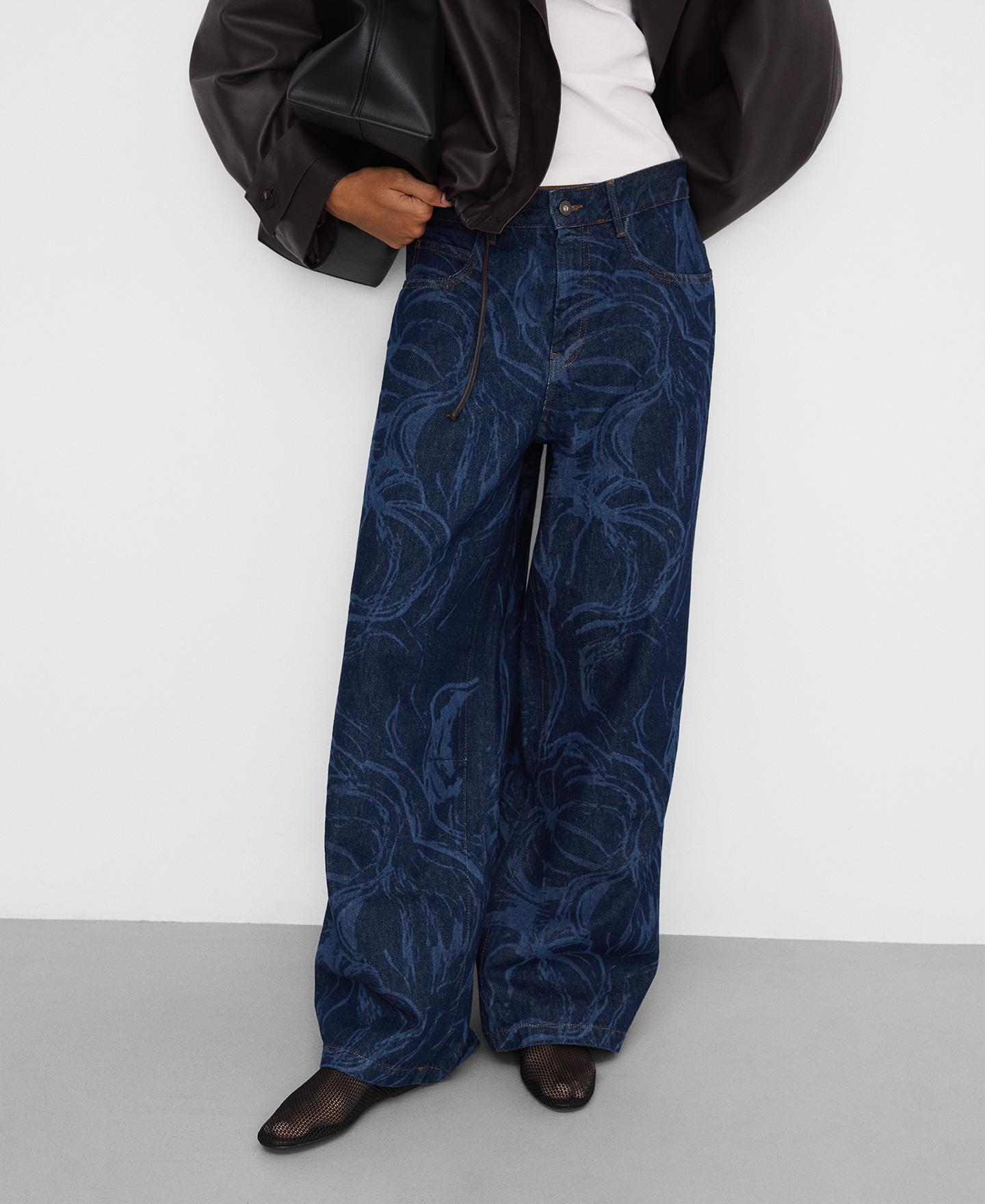 Jeans Largo em Denim Estampado Azul-marinho-1