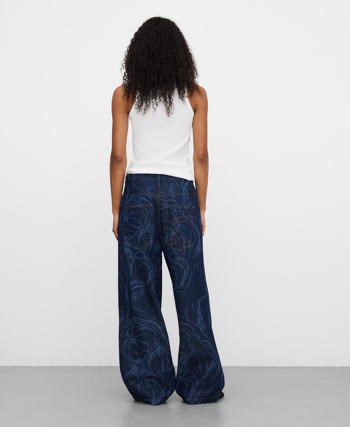 Jeans Largo em Denim Estampado Azul-marinho-3
