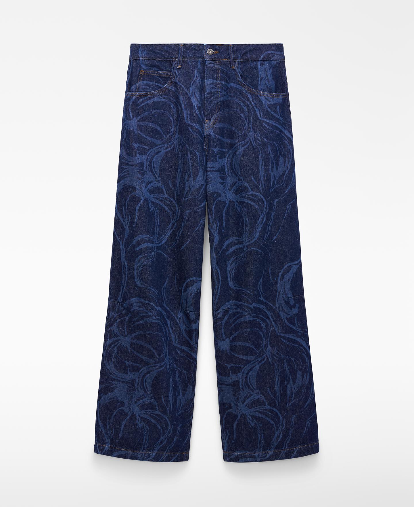 Jeans Largo em Denim Estampado Azul-marinho-5