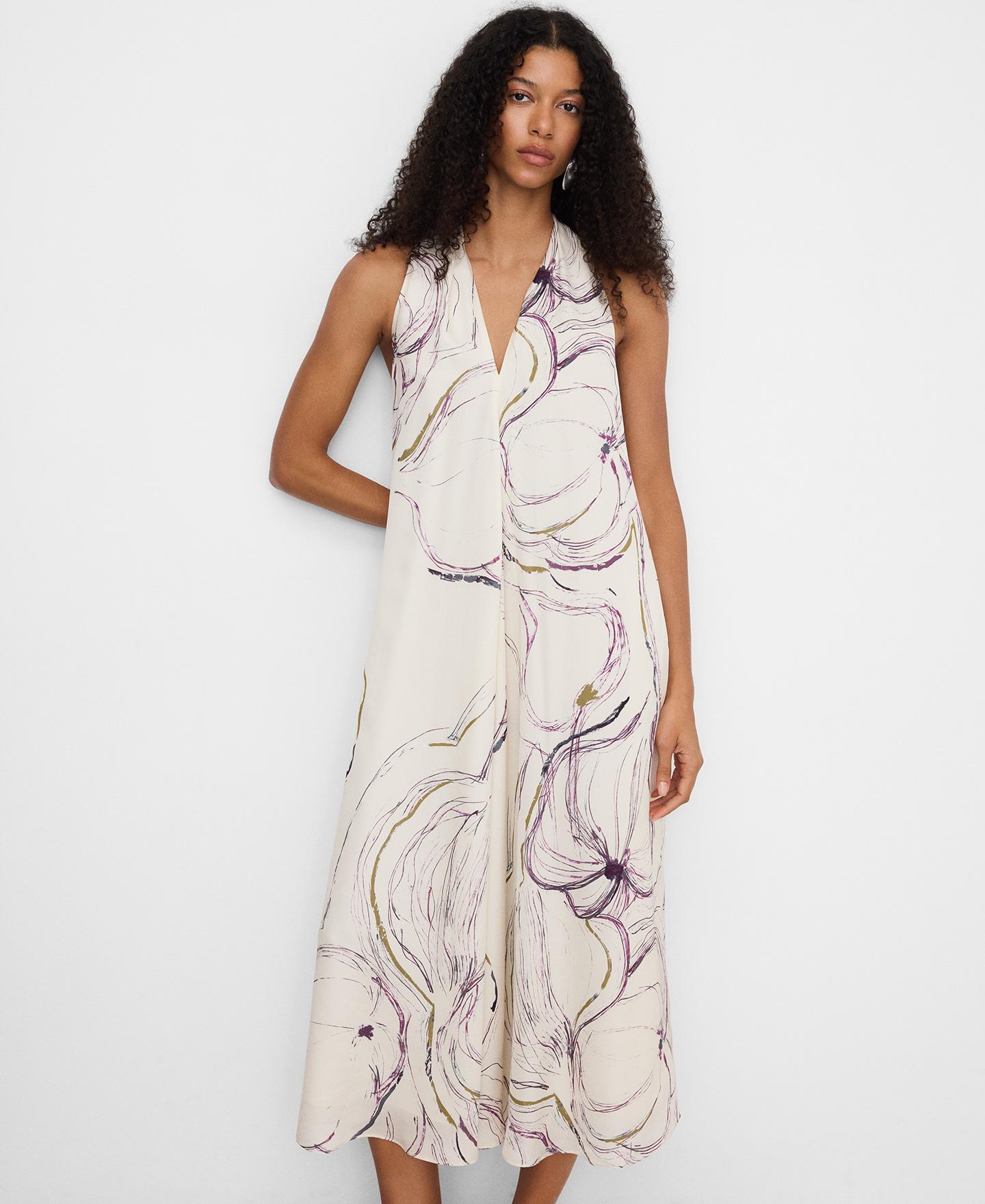 Vestido Midi Estampado com Decote em V Natural-1