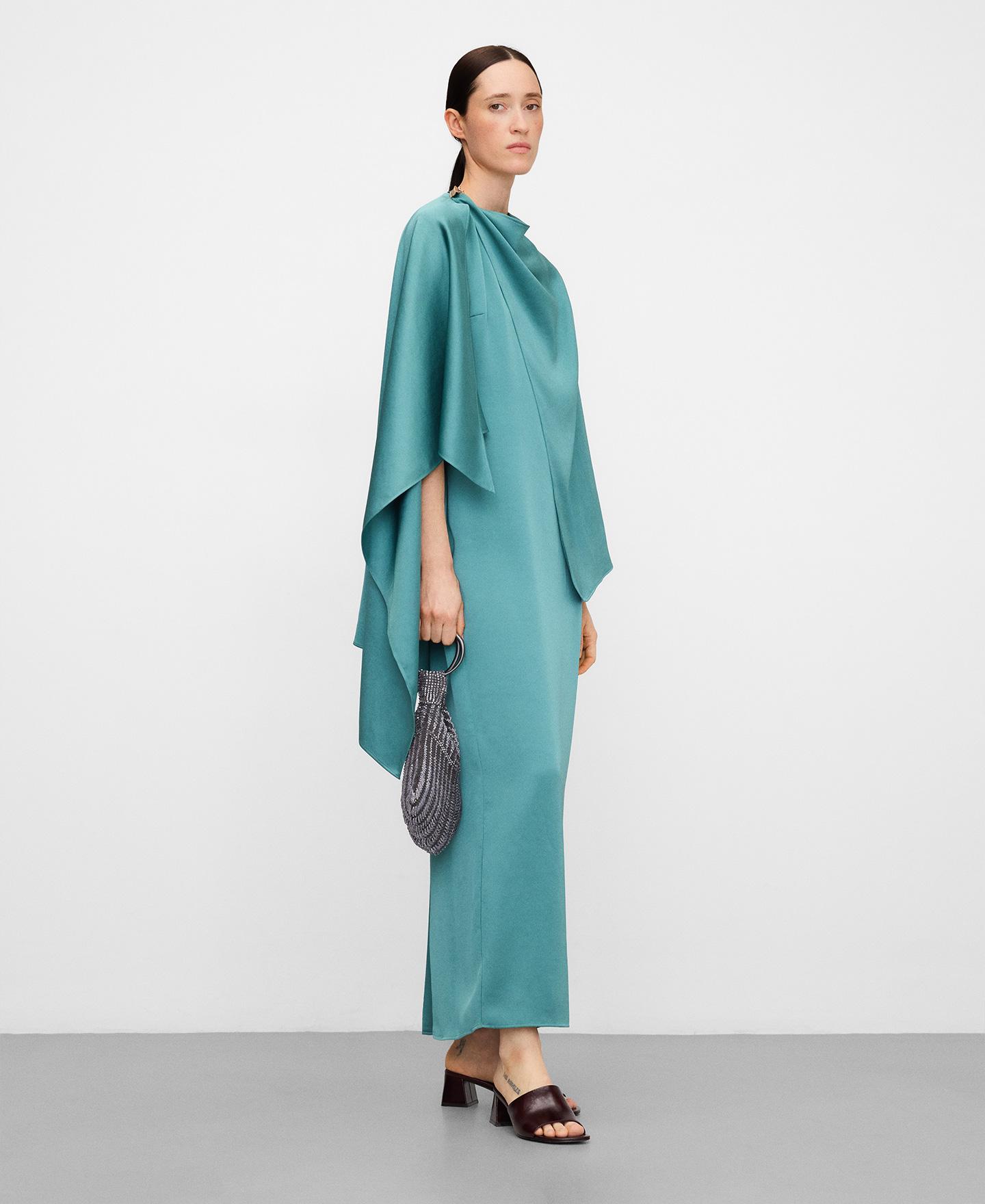 Vestido Comprido Acetinado com Écharpe Esmeralda Azul-2