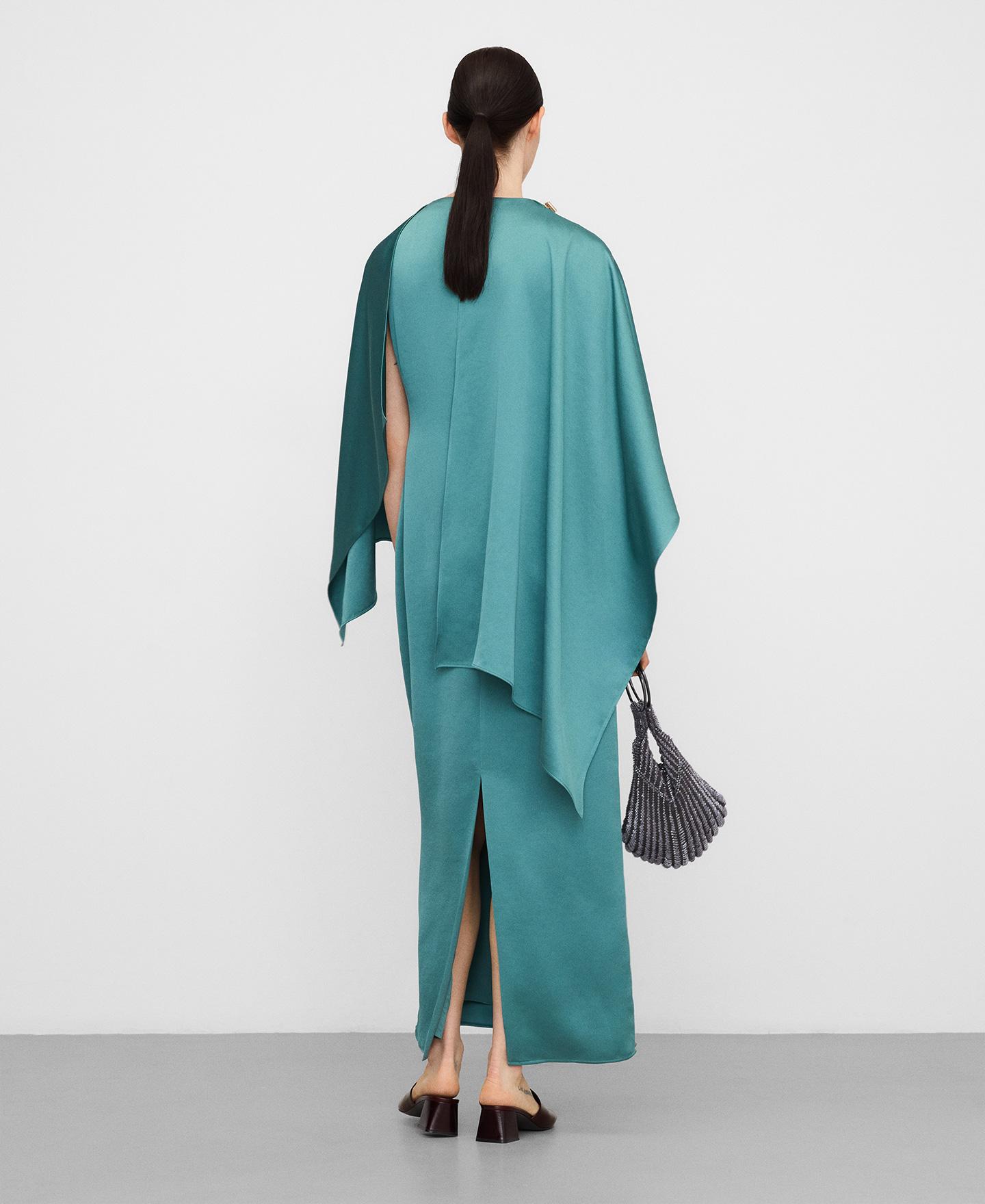 Vestido Comprido Acetinado com Écharpe Esmeralda Azul-3