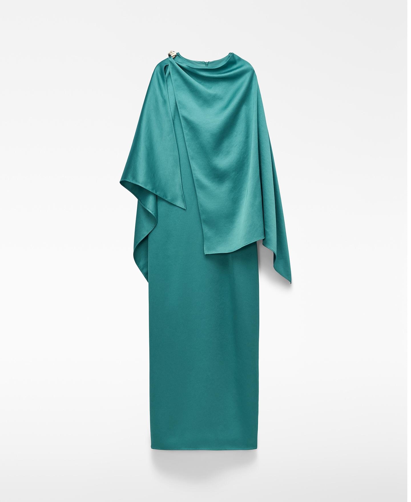 Vestido Comprido Acetinado com Écharpe Esmeralda Azul-5