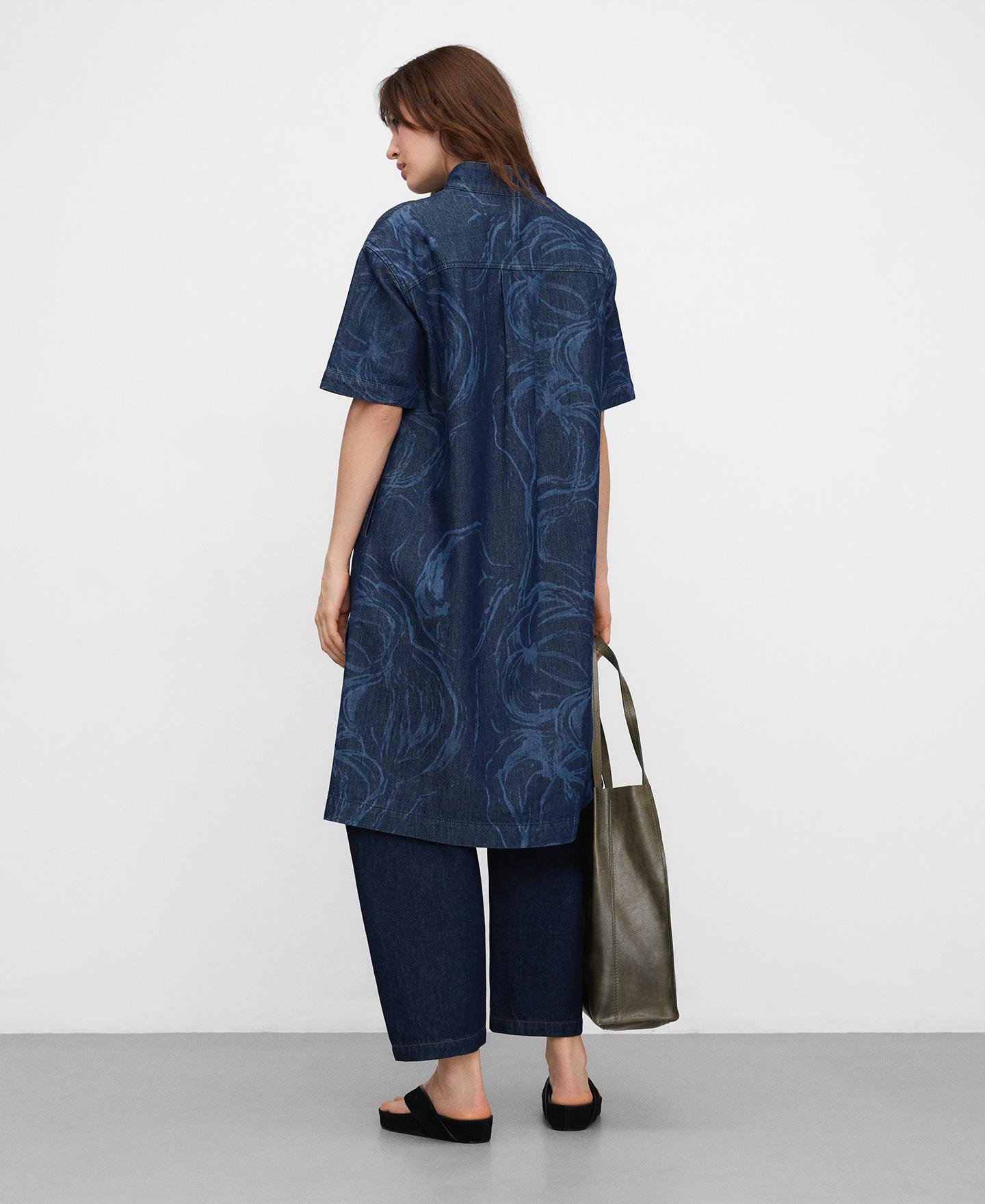 Vestido Midi Tipo Camisa em Denim Estampado Azul denim-3