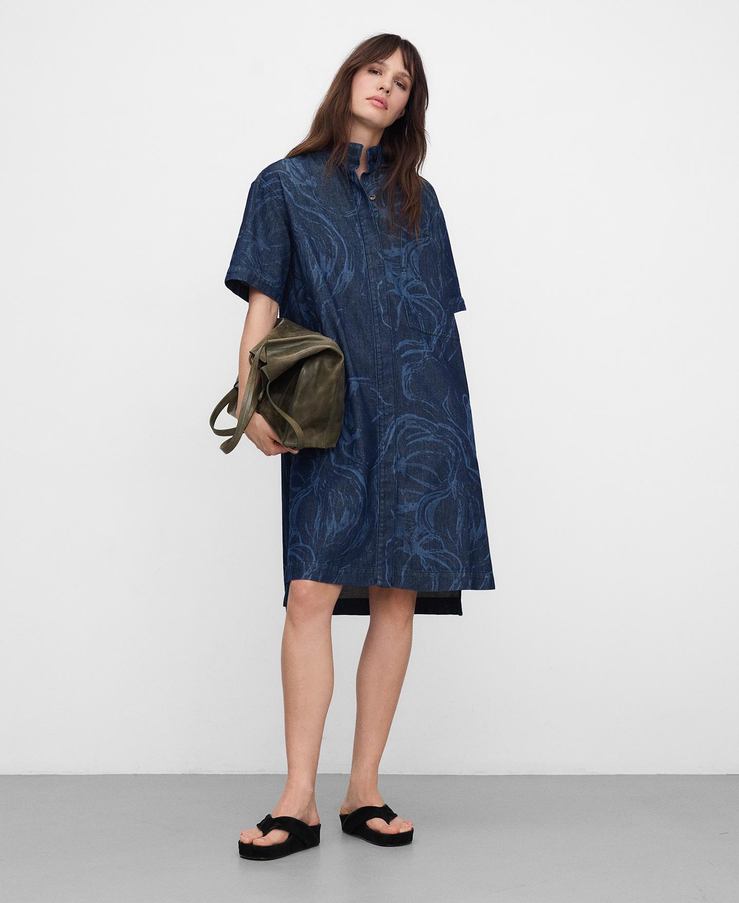 Vestido Midi Tipo Camisa em Denim Estampado Azul denim-7