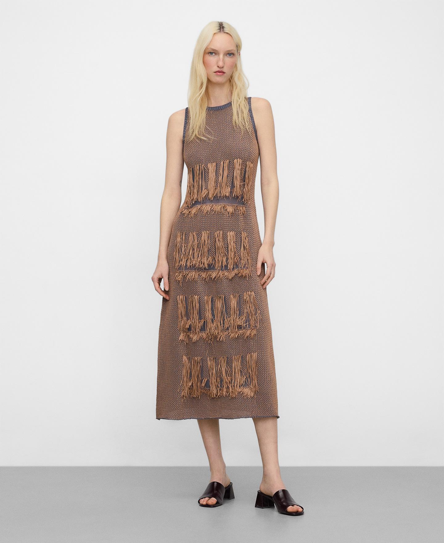 Vestido Midi de Malha Jacquard com Franjas Camel-2