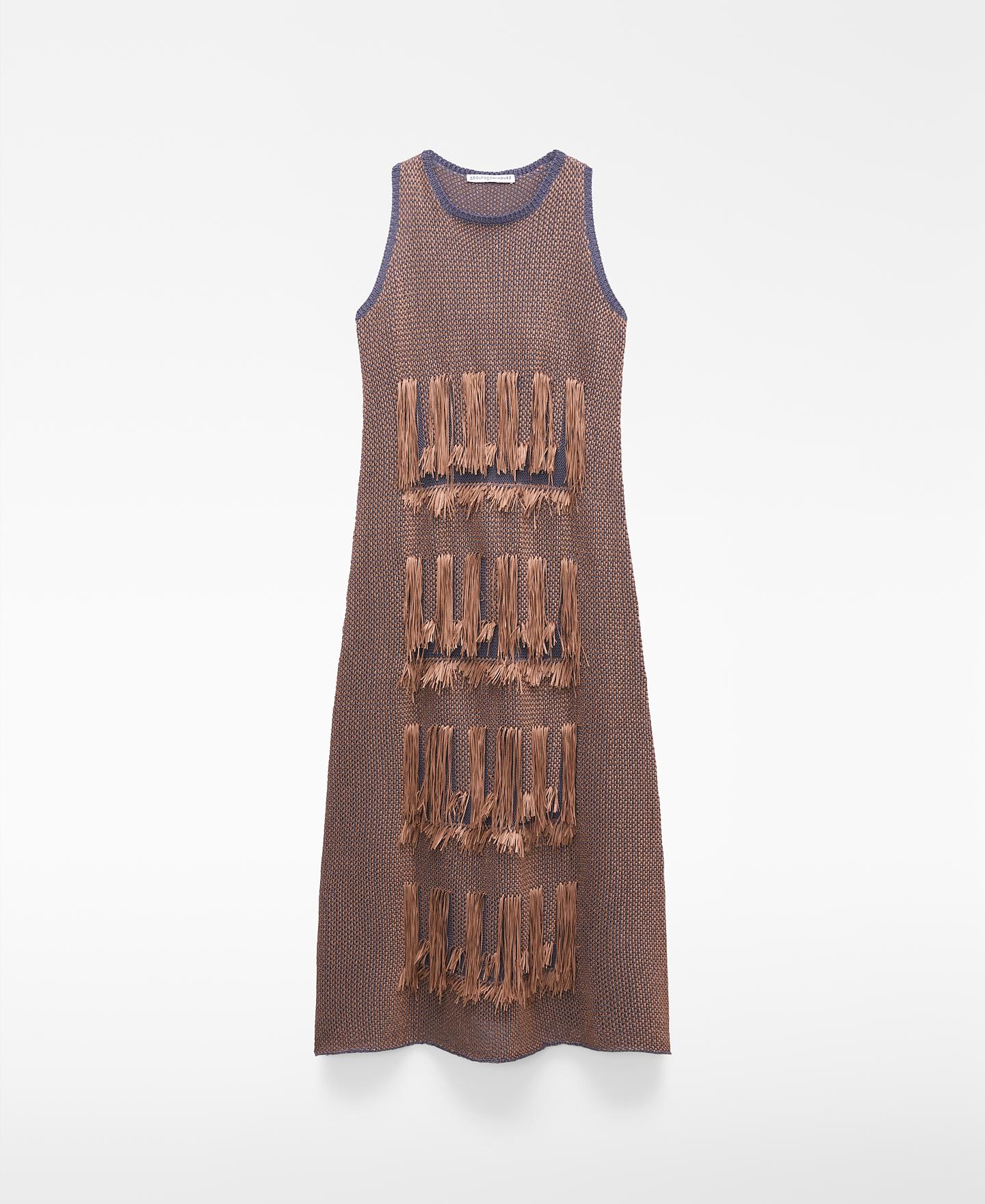 Vestido Midi de Malha Jacquard com Franjas Camel-5