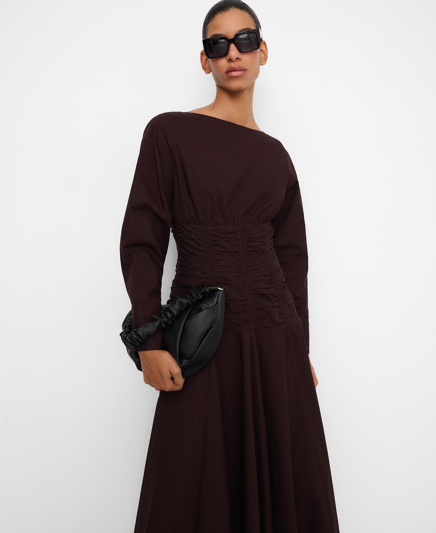 Vestido Midi com Cintura Franzida Chocolate-1