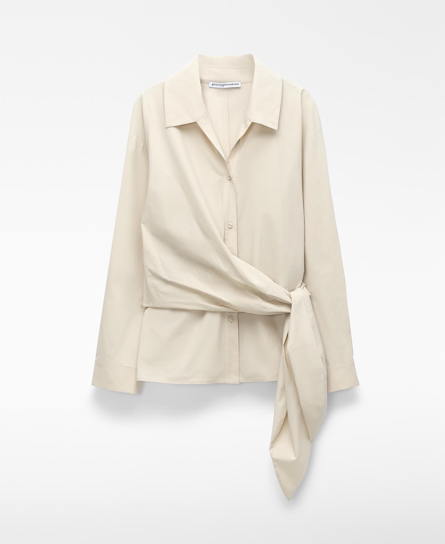 Camisa de Algodão com Nó Lateral Bege-5