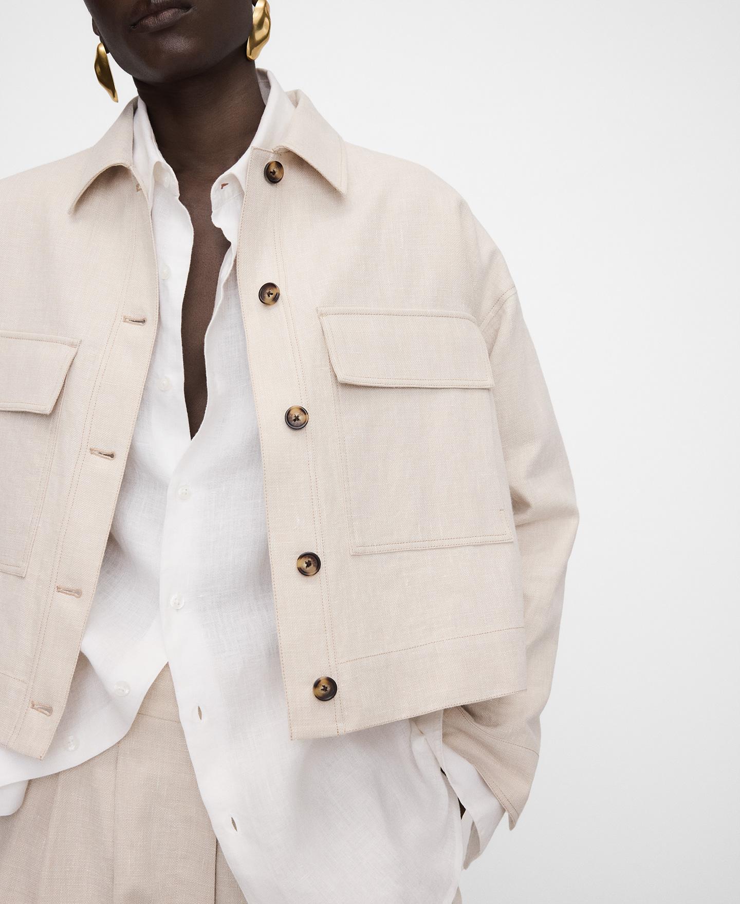 Sobrecamisa Curta com Bolsos Bege-4