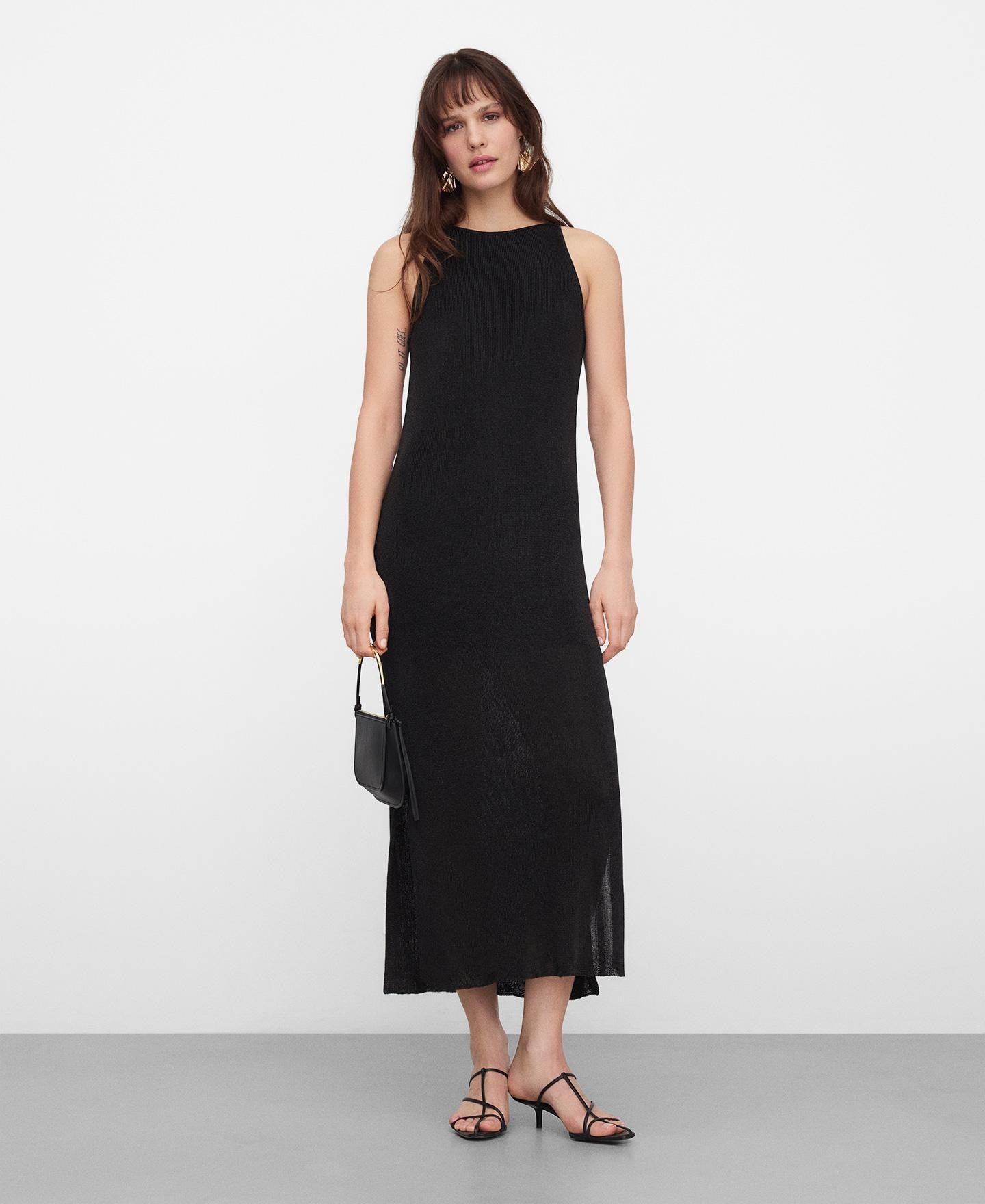 Vestido Comprido em Malha Metalizada Preto-2