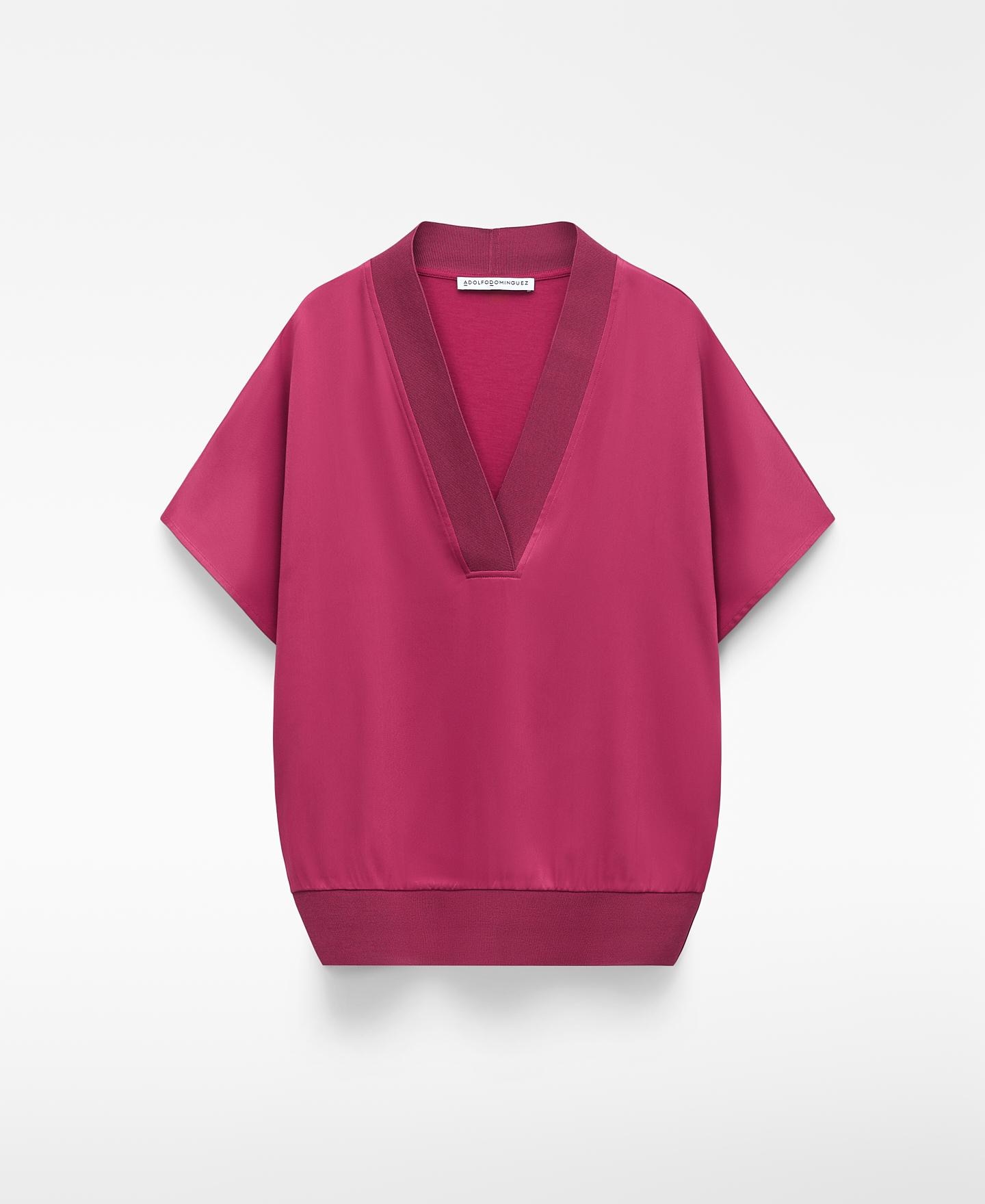 T-shirt de Tecido Duplo com Gola em V Vermelho-4
