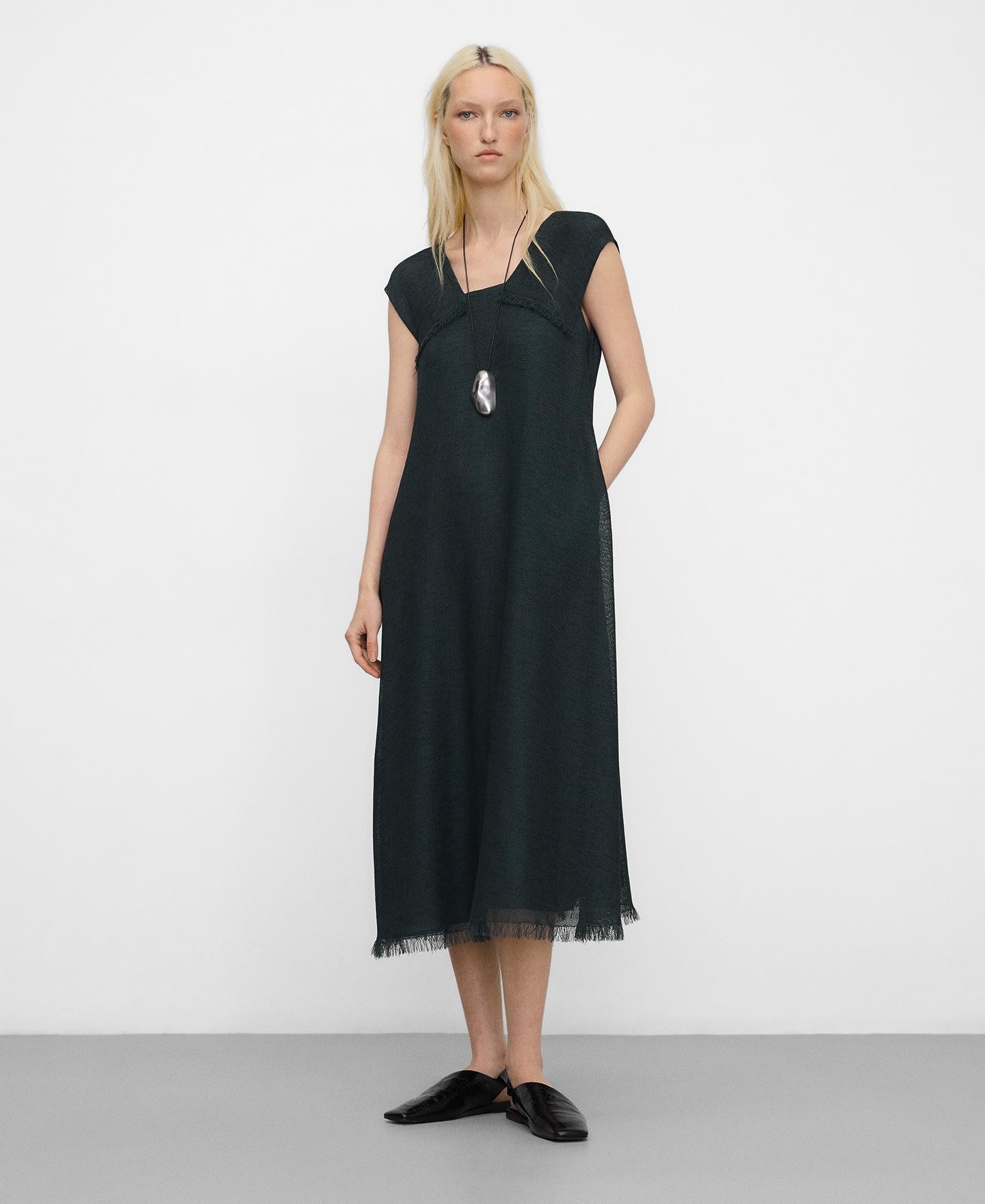 Vestido Comprido em Tweed Desfiado Verde-escuro-2