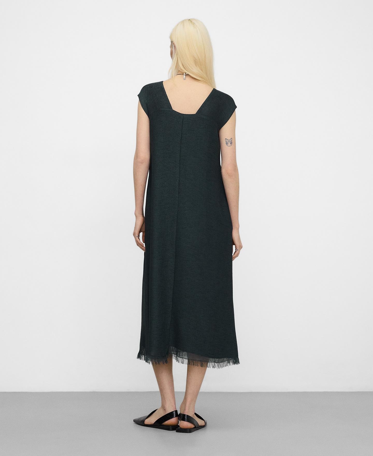 Vestido Comprido em Tweed Desfiado Verde-escuro-3