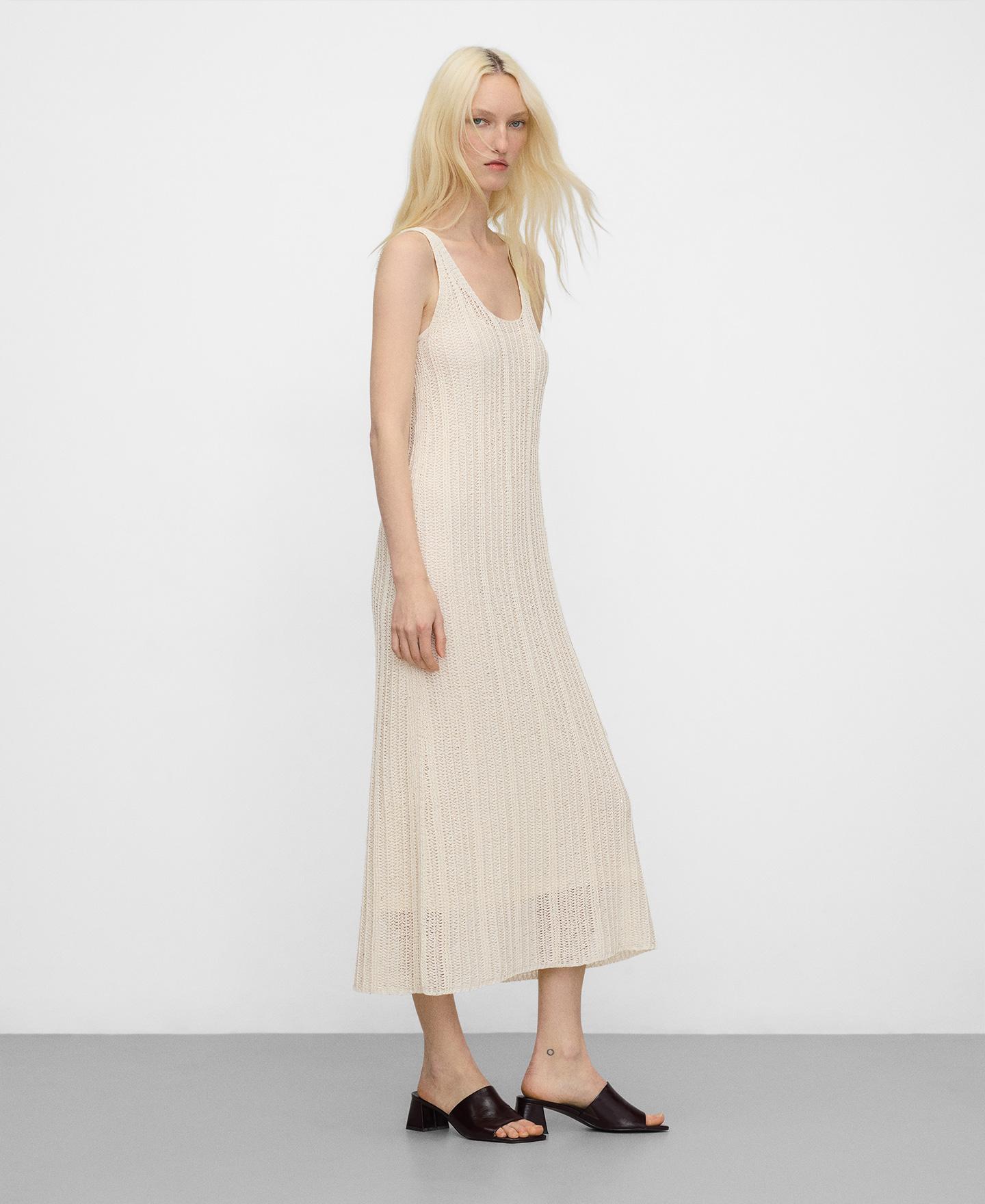 Vestido Comprido em Malha Perfurada Creme-2