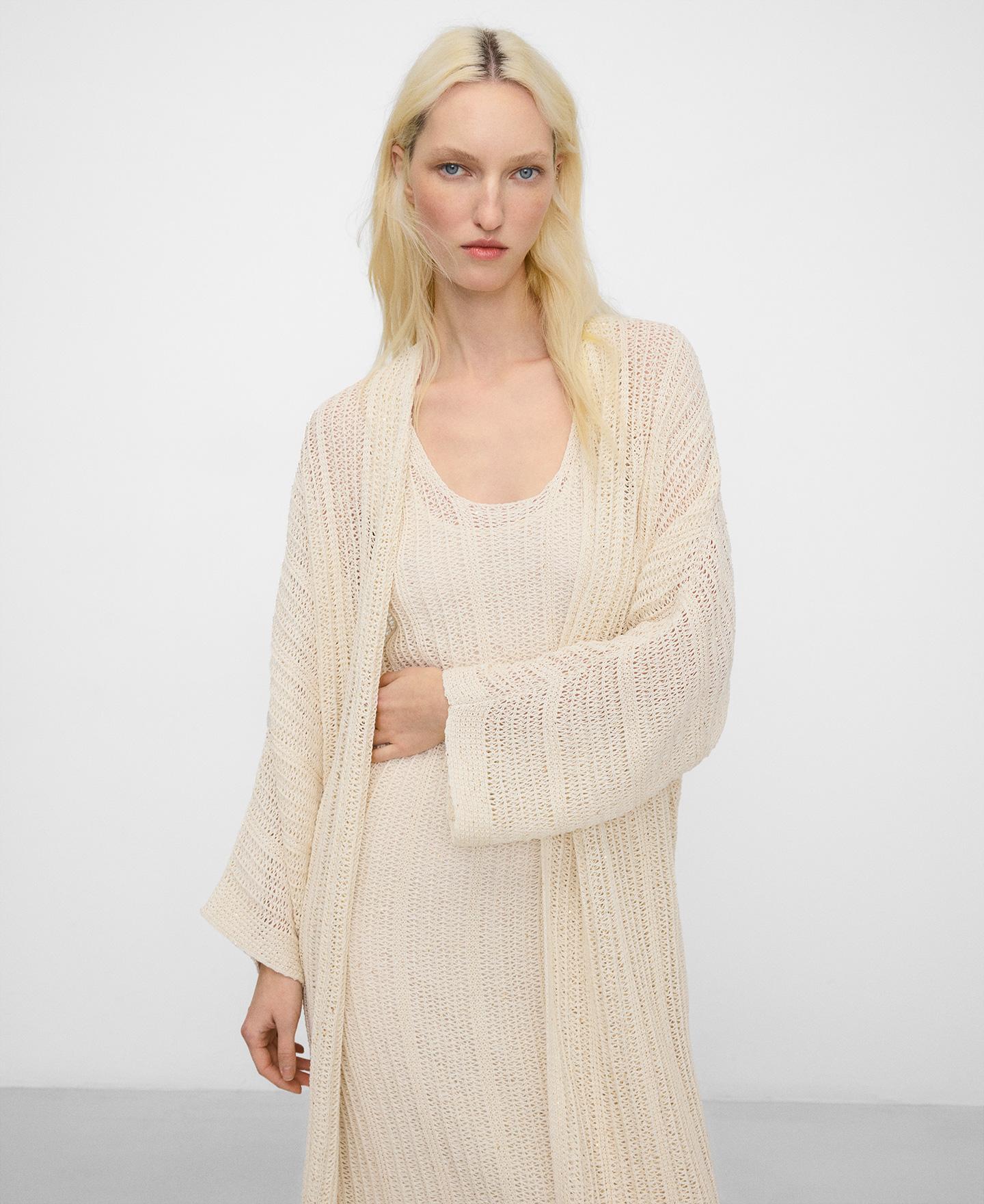 Cardigan Tipo Casaco Kimono Comprido em Malha Perfurada Creme-1