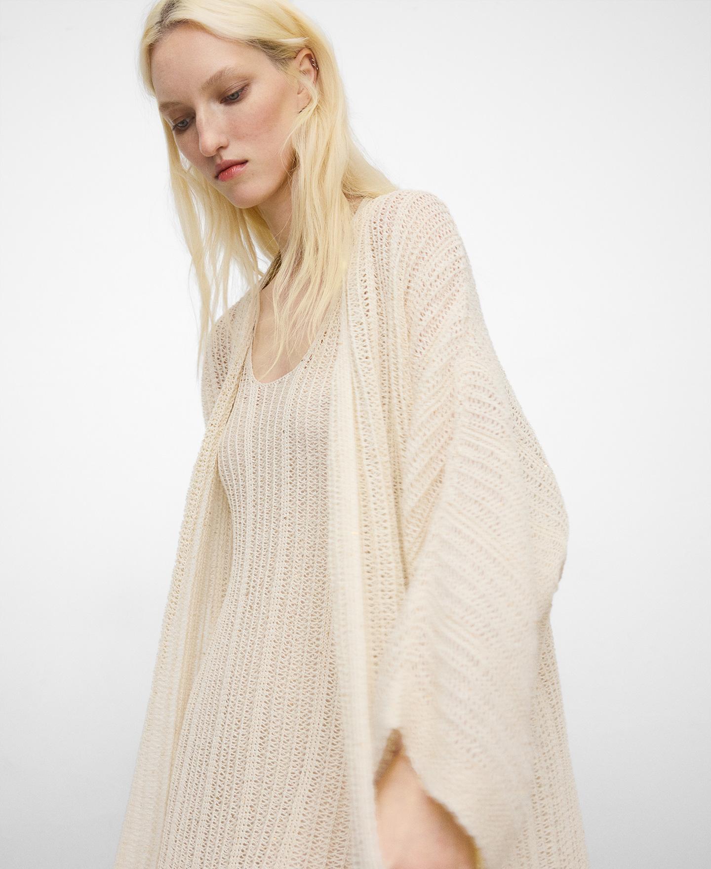 Cardigan Tipo Casaco Kimono Comprido em Malha Perfurada Creme-5