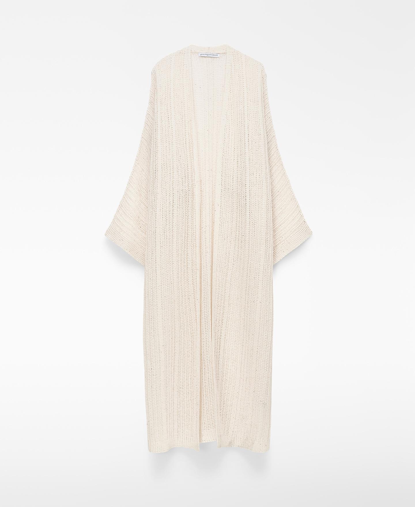 Cardigan Tipo Casaco Kimono Comprido em Malha Perfurada Creme-6