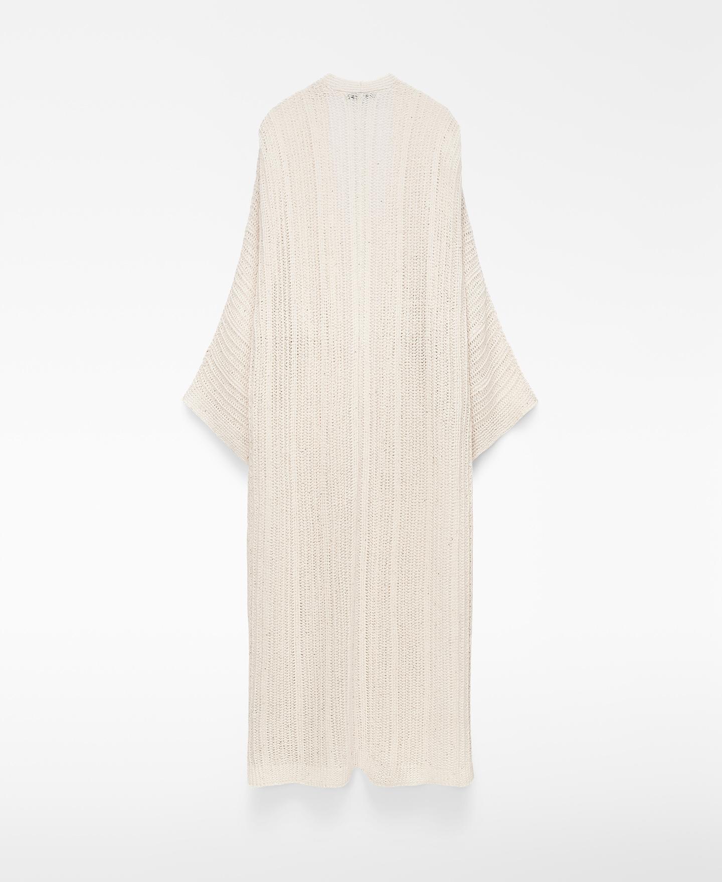 Cardigan Tipo Casaco Kimono Comprido em Malha Perfurada Creme-7