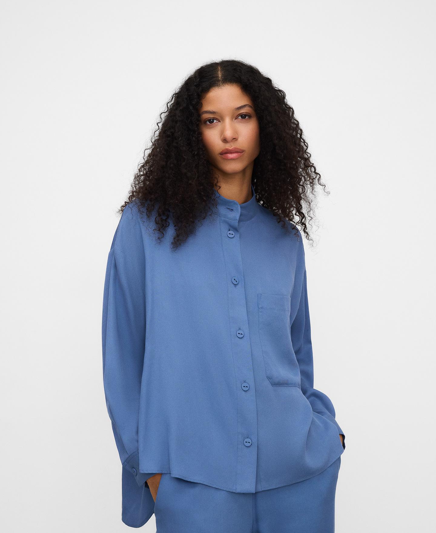 Camisa Fluida com Gola à Padre Azul-claro-1