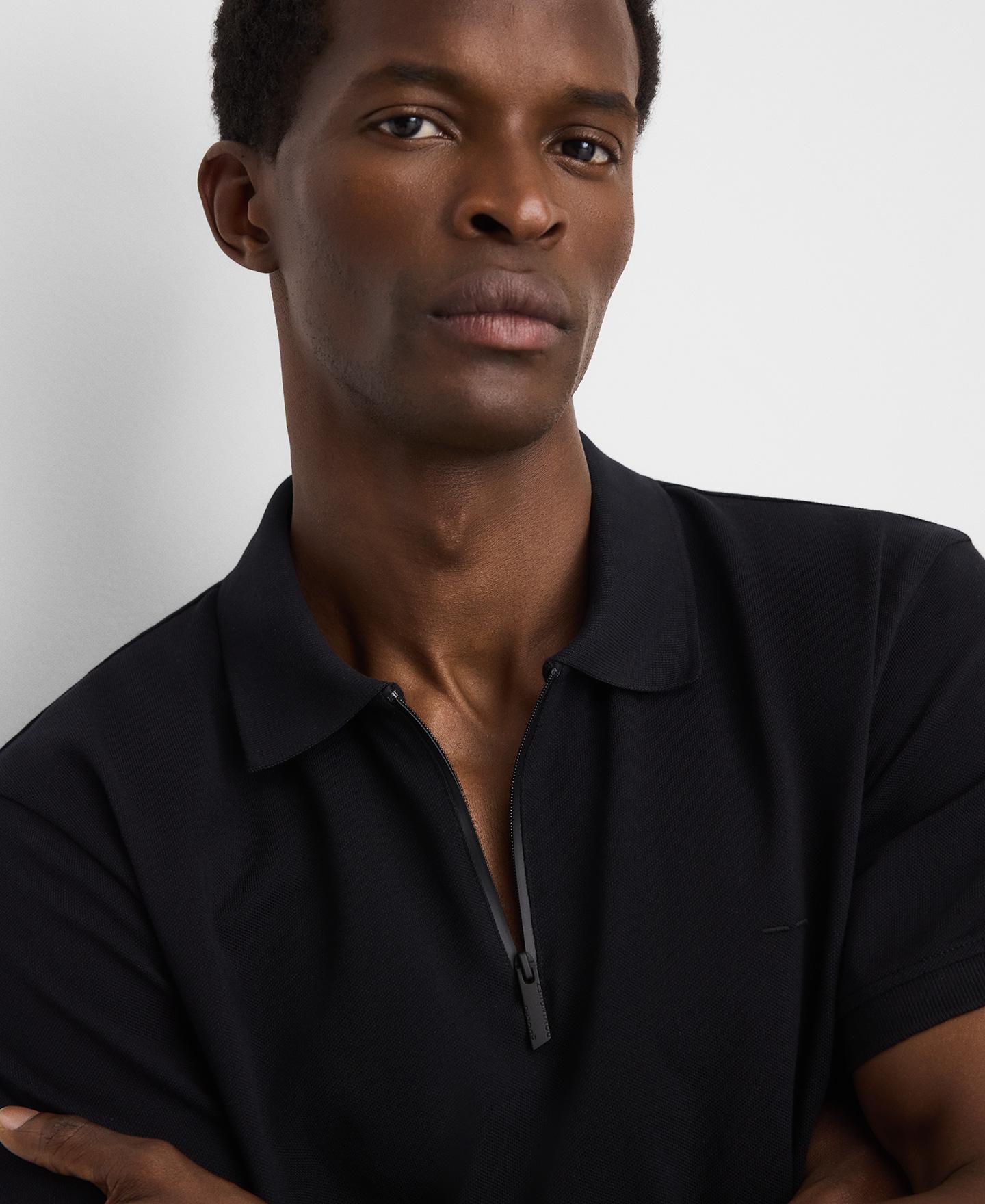 Polo de Manga Curta Slim Fit de Algodão com Fecho Zip Preto-4