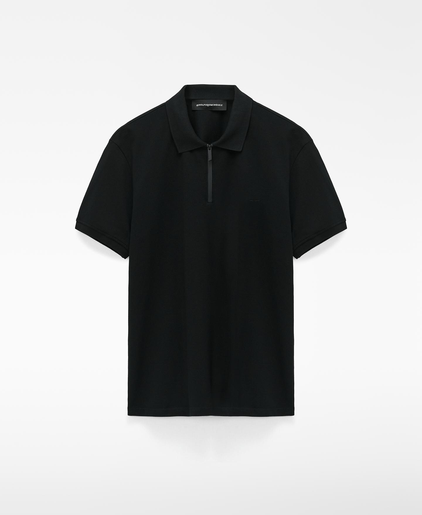 Polo de Manga Curta Slim Fit de Algodão com Fecho Zip Preto-5