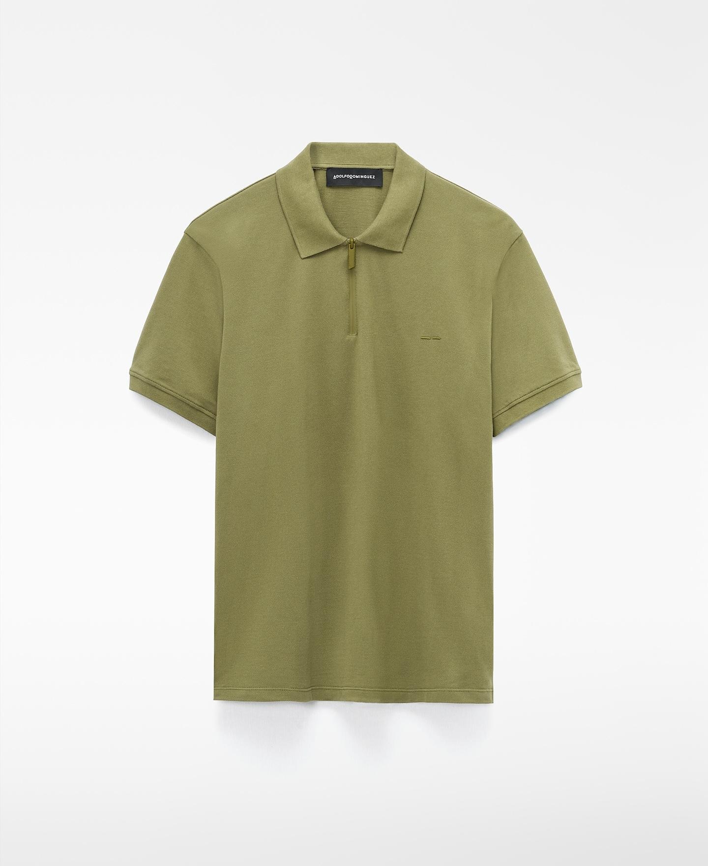 Polo de Manga Curta Slim Fit de Algodão com Fecho Zip Caqui-5