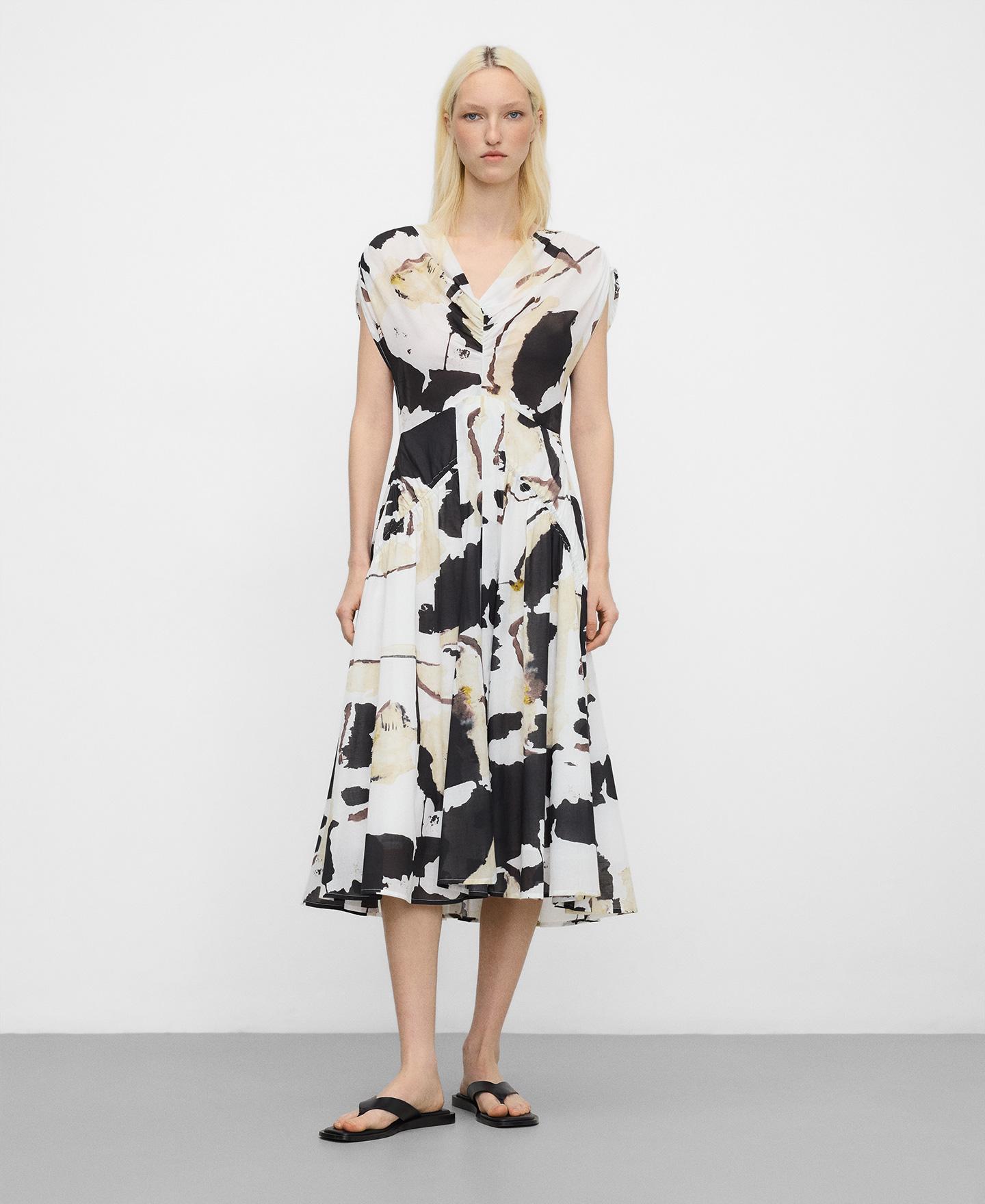 Vestido Midi Franzido de Algodão Estampado Preto / Branco-2