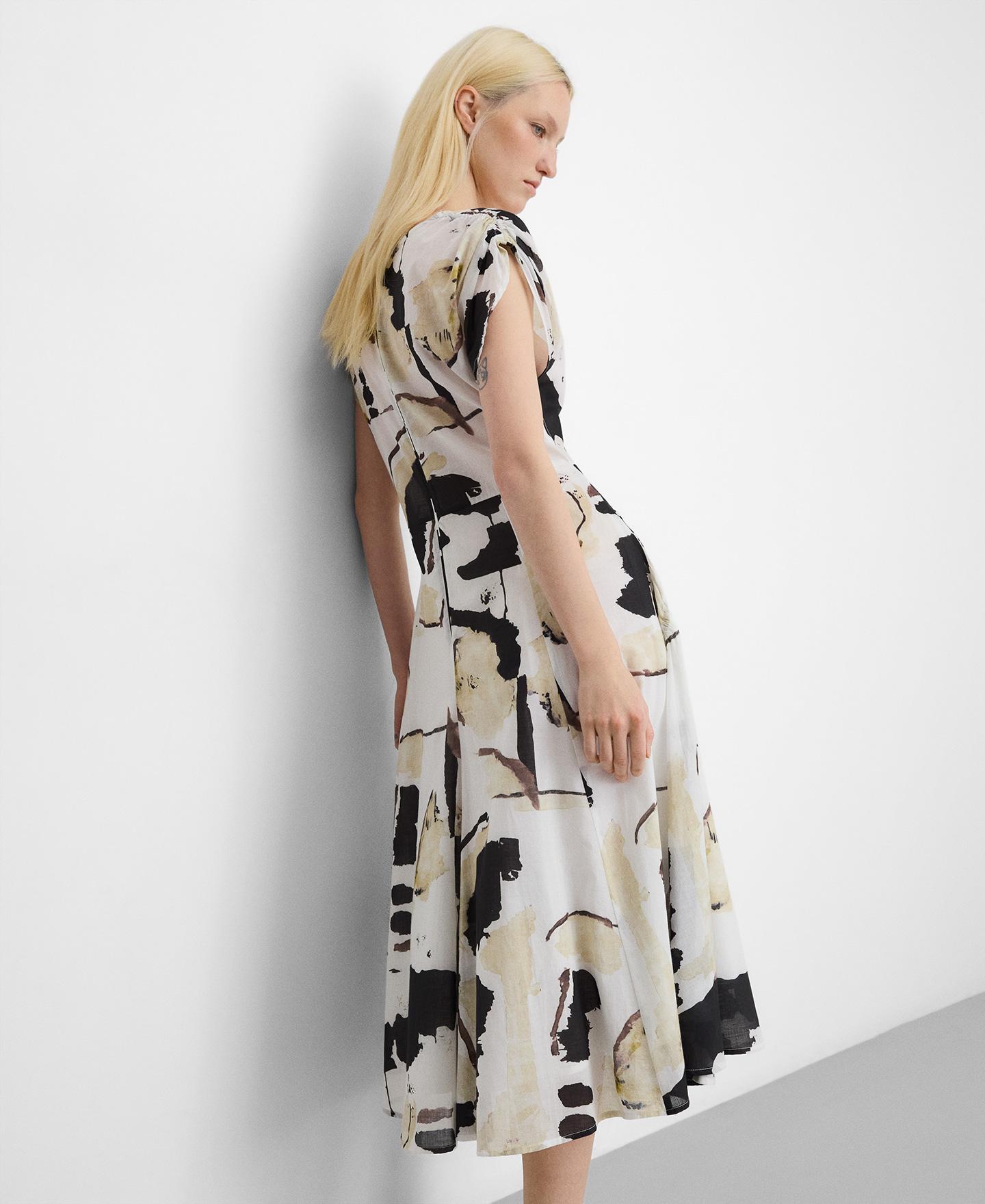 Vestido Midi Franzido de Algodão Estampado Preto / Branco-3