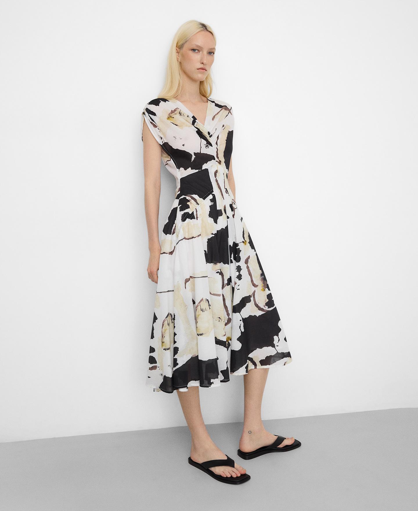 Vestido Midi Franzido de Algodão Estampado Preto / Branco-4