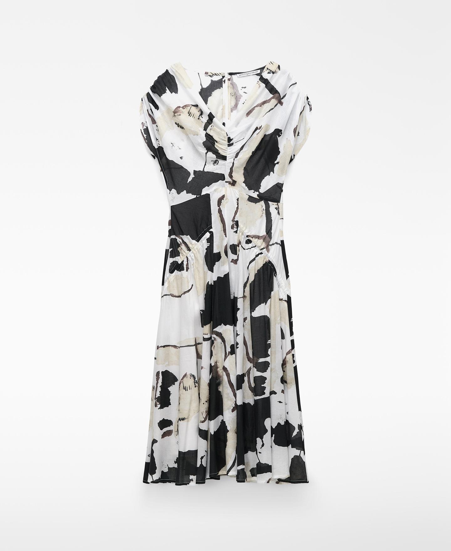 Vestido Midi Franzido de Algodão Estampado Preto / Branco-5