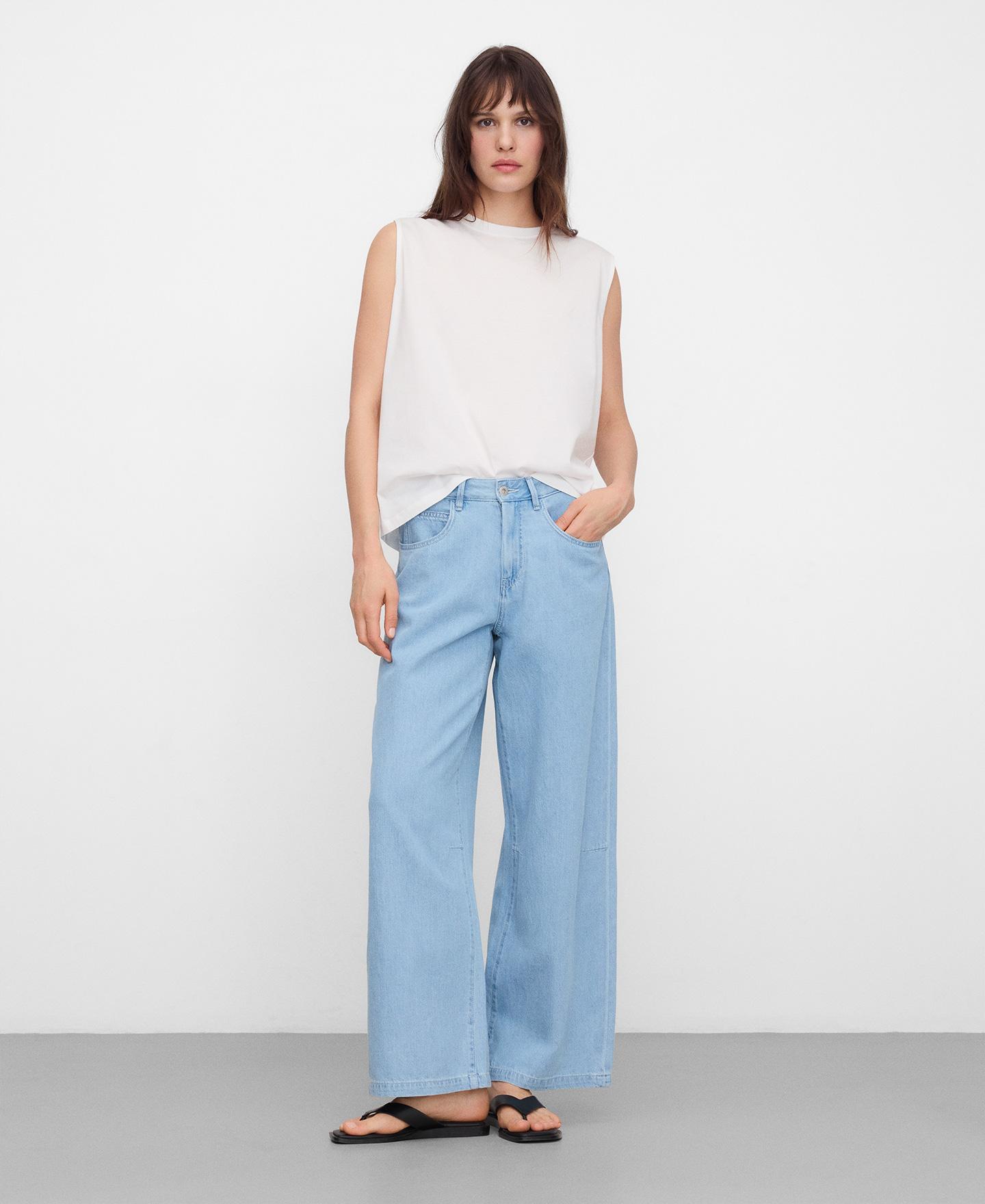 Jeans Largos em Denim de Algodão Oversize Azul-claro-2
