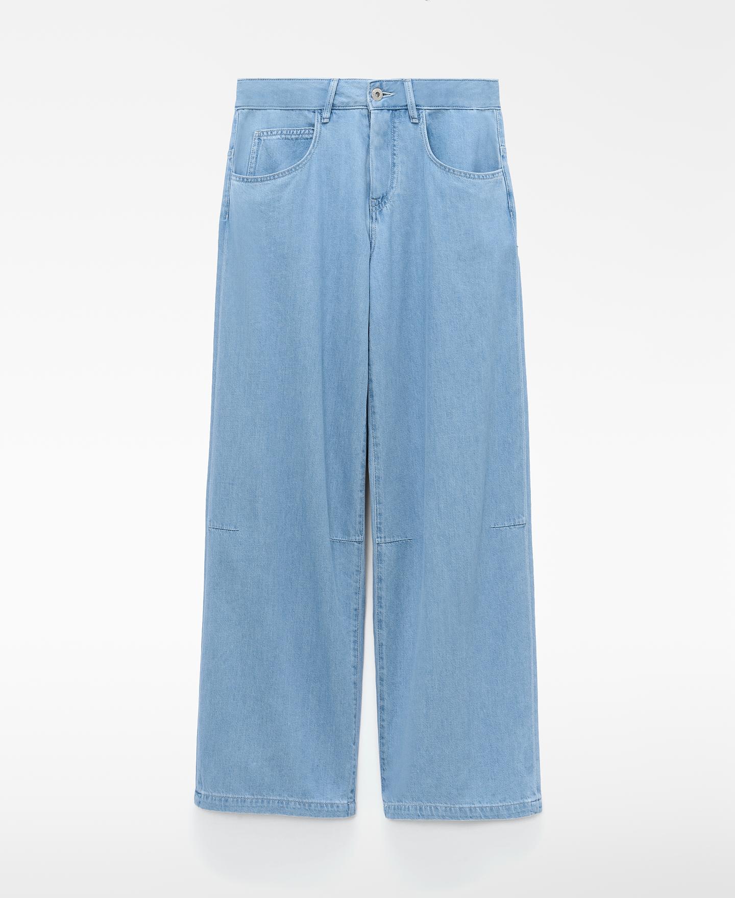 Jeans Largos em Denim de Algodão Oversize Azul-claro-5