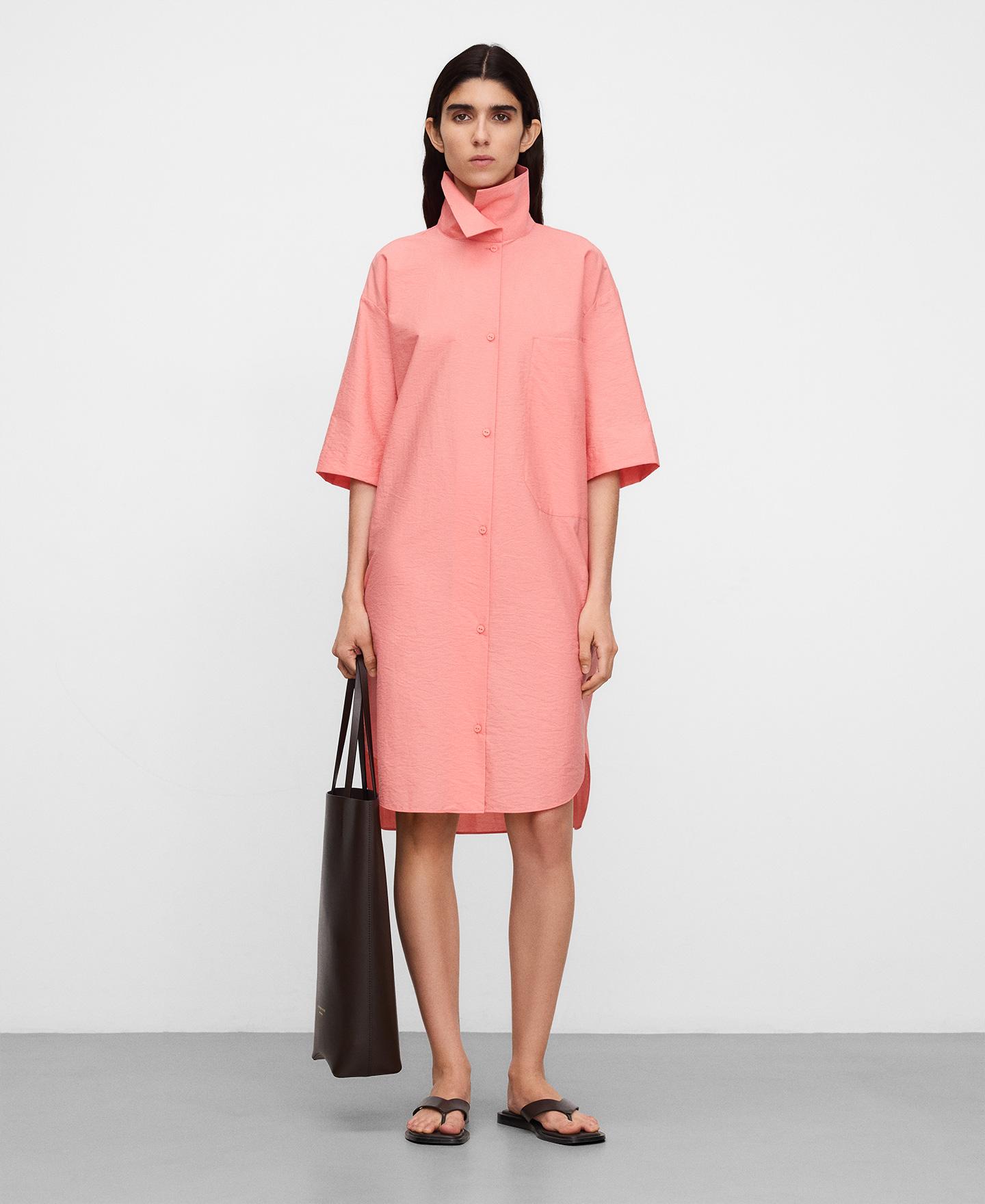 Vestido Midi com Gola Italiana Assimétrica Rosa-2