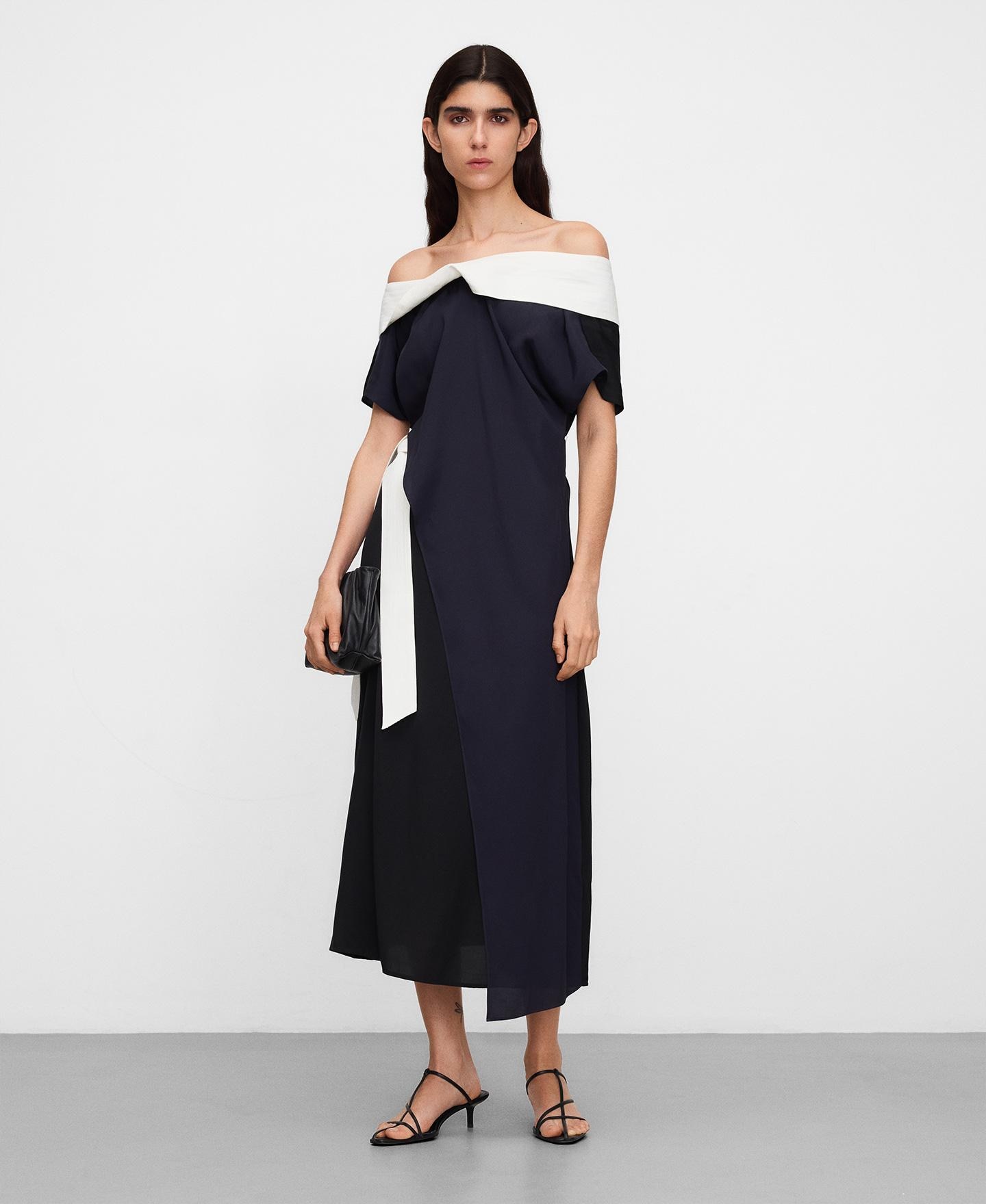 Vestido Midi Assimétrico Combinado Tricolor Preto / Azul / Branco-2