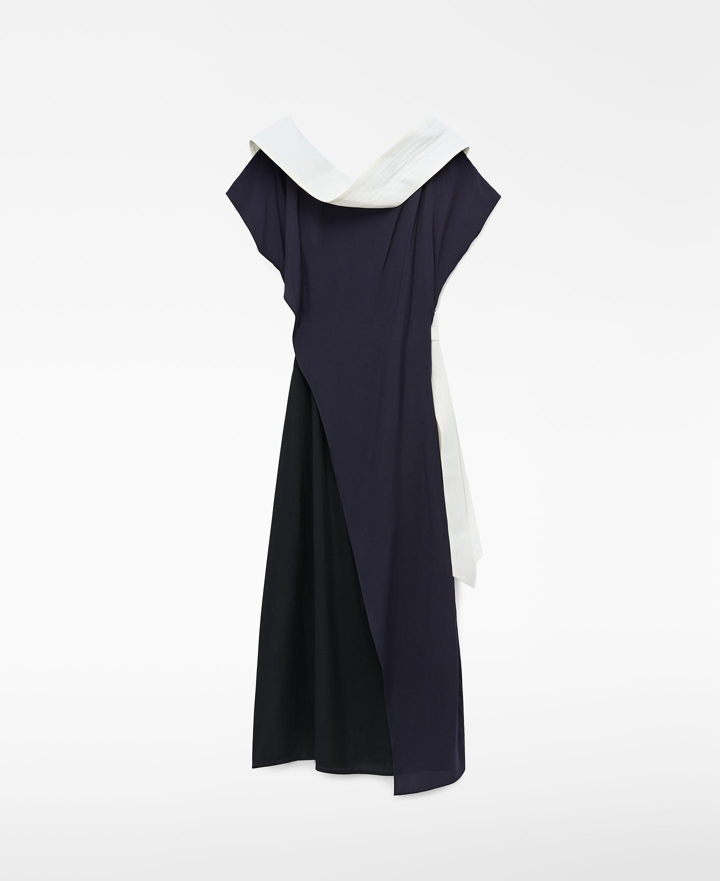 Vestido Midi Assimétrico Combinado Tricolor Preto / Azul / Branco-5